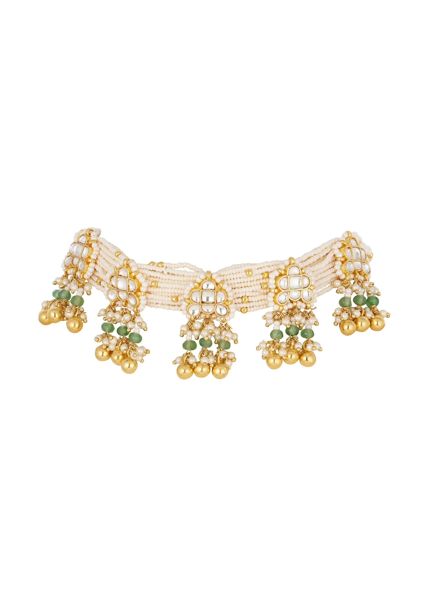 Gold Finish Choker Necklace Set In Mix Metal With Traditional Style And Multi Strand Faux Pearls And Kundan Style Simulated Green And White Stones - Image 2