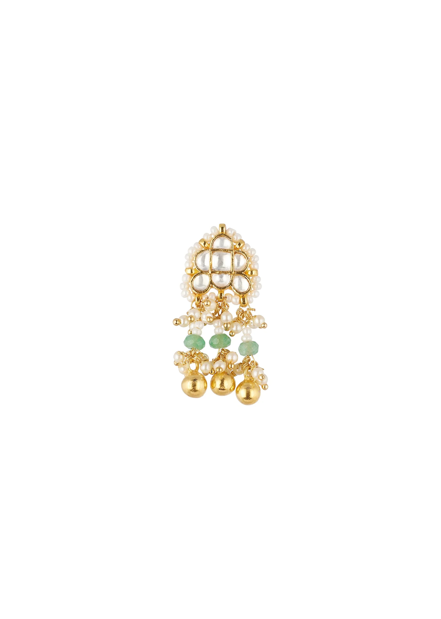 Gold Finish Choker Necklace Set In Mix Metal With Traditional Style And Multi Strand Faux Pearls And Kundan Style Simulated Green And White Stones - Image 4