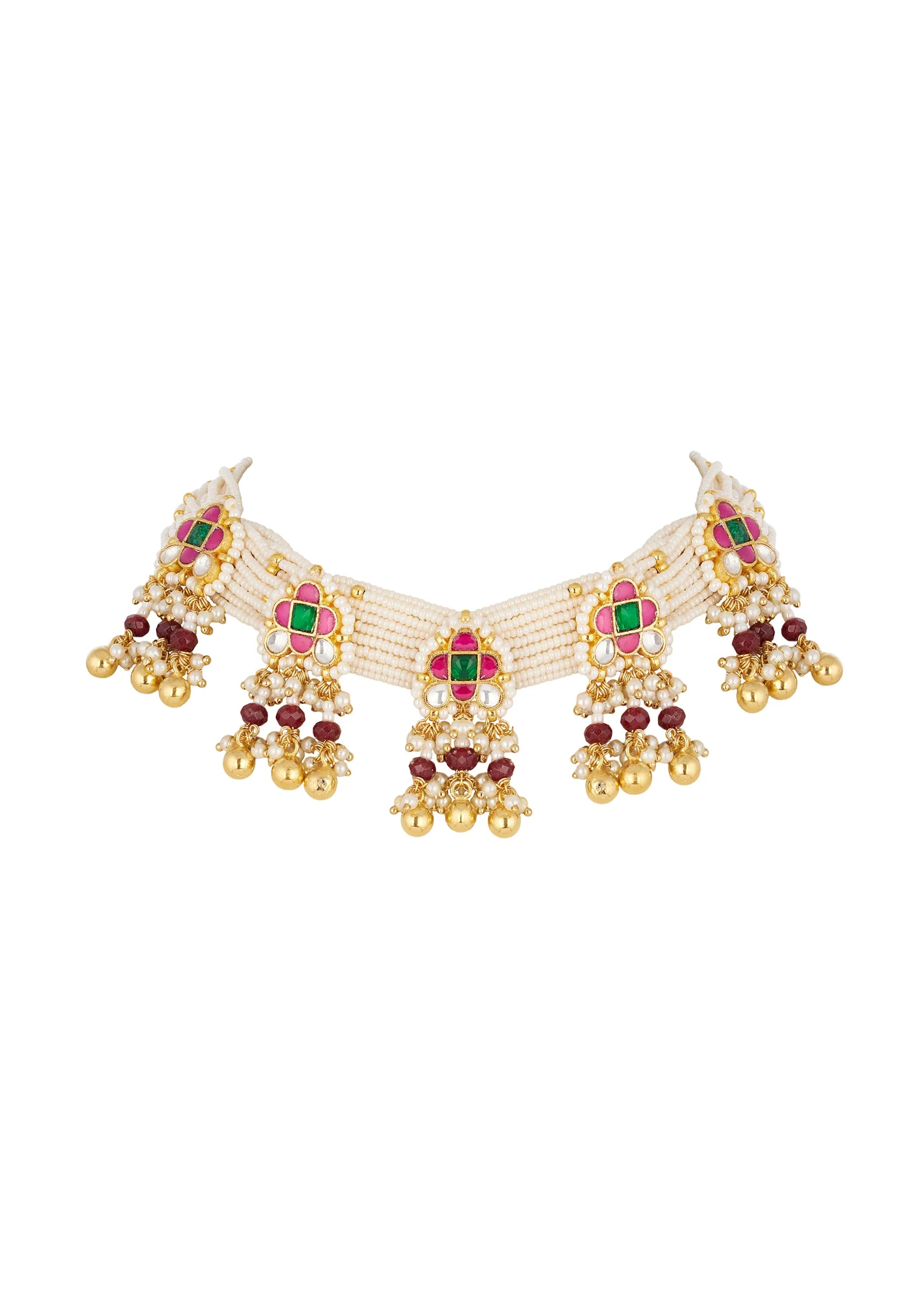 Gold Finish Choker Necklace Set In Mix Metal With Traditional Style And Red Simulated Stones And Multi Strand Faux Pearls - Image 2