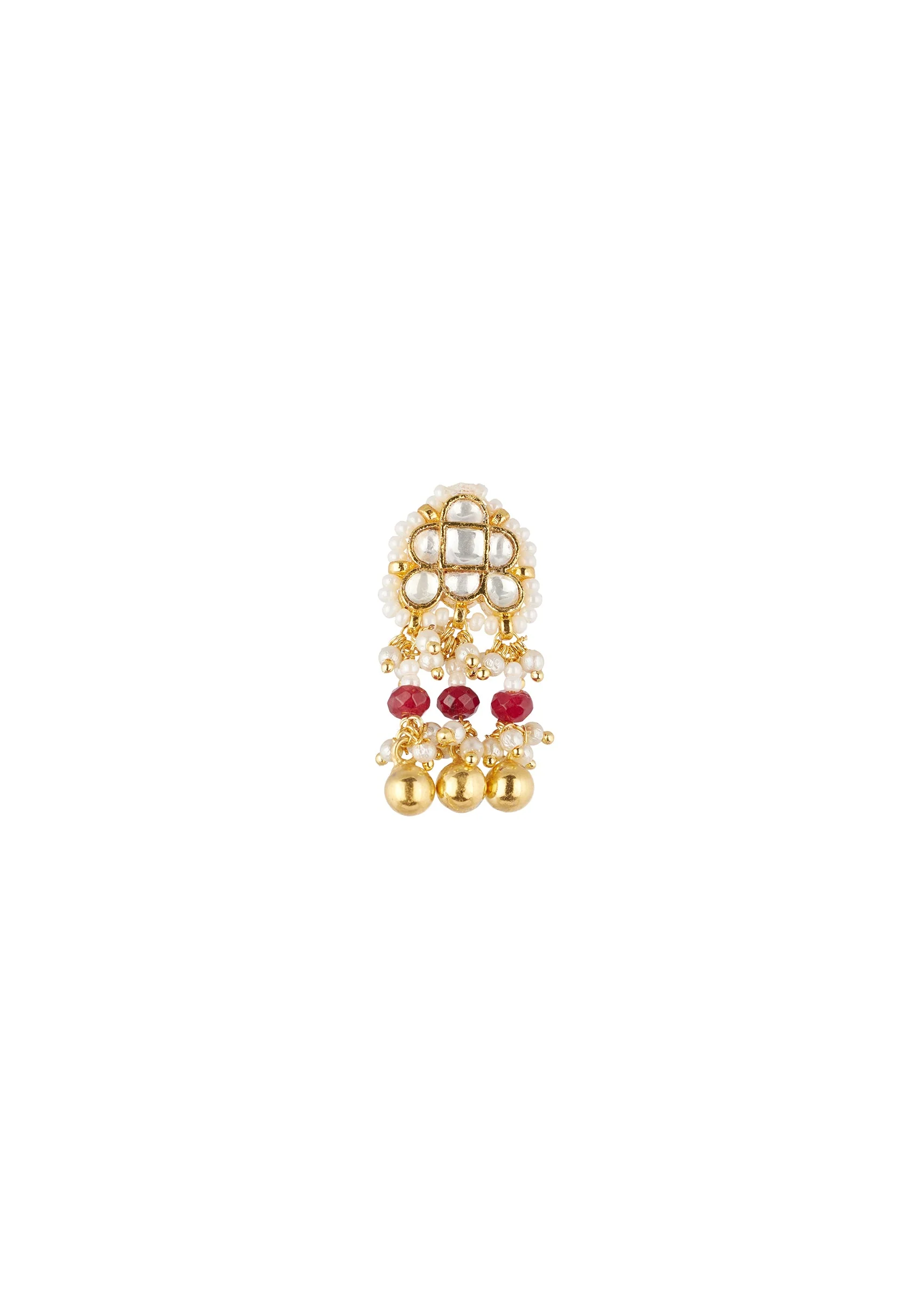 Gold Finish Choker Necklace Set In Mix Metal With Traditional Style And Red Simulated Stones And Multi Strand Faux Pearls - Image 4