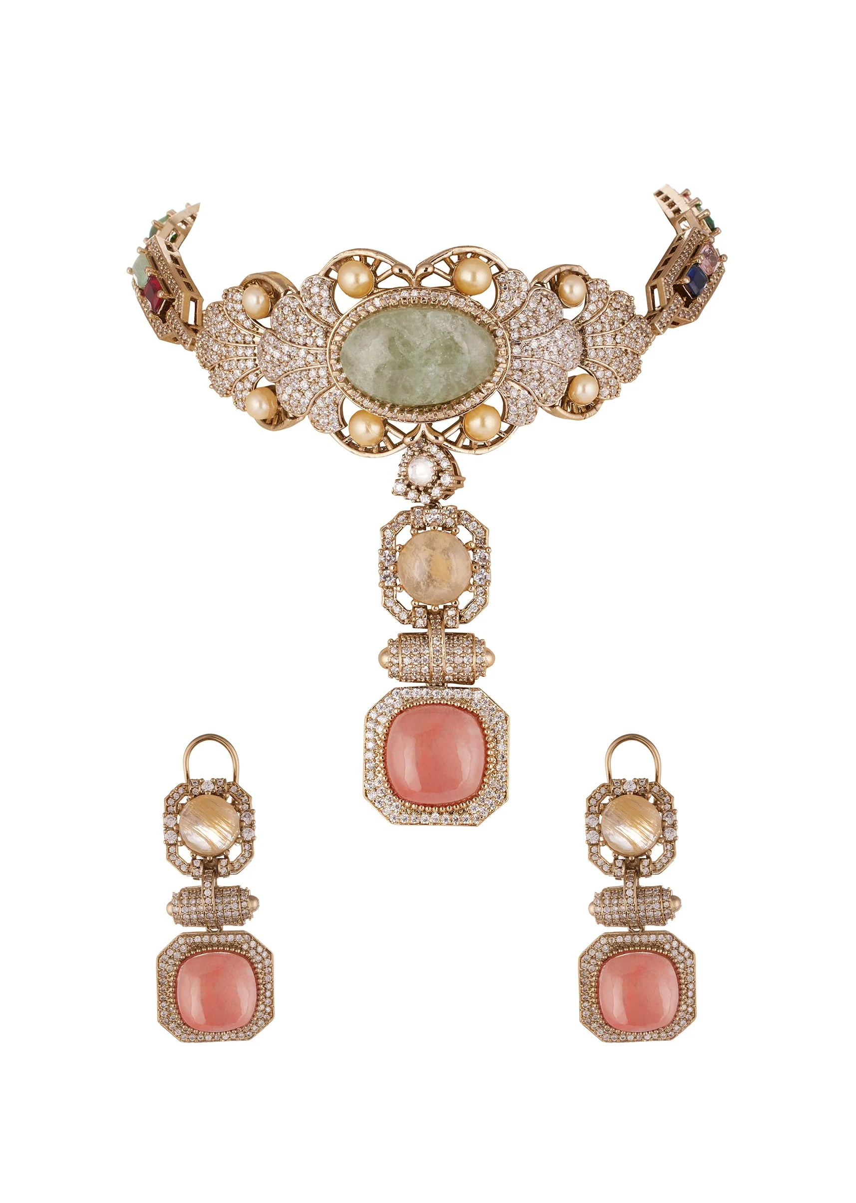 Gold Finish Choker Necklace Set With Large Mint Green Cabochon Pendant And Pearl Pink Stone Drop - Image 2