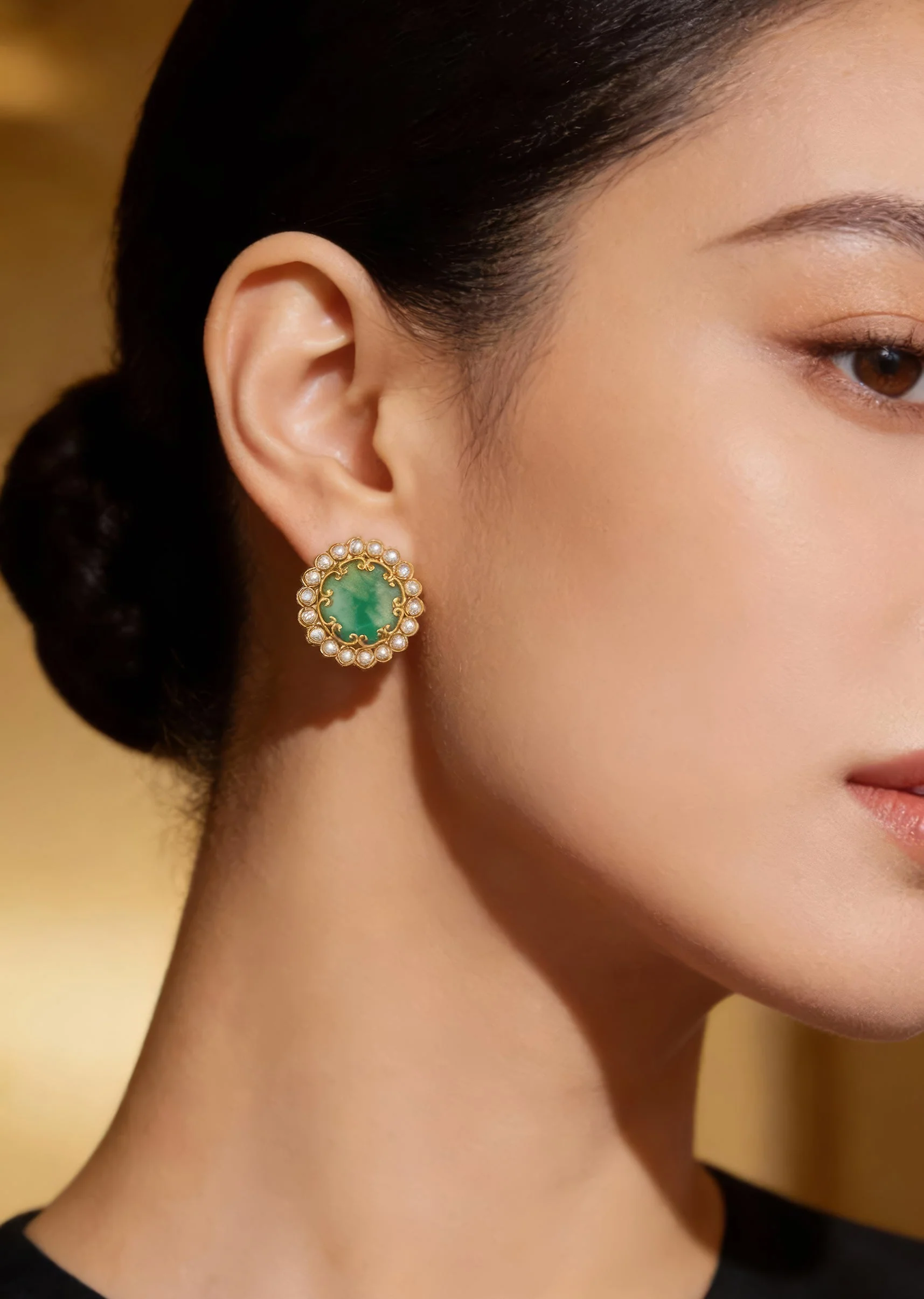 Gold Finish Circular Stud Earrings With Large Green Center Stone and Polki Style Halo