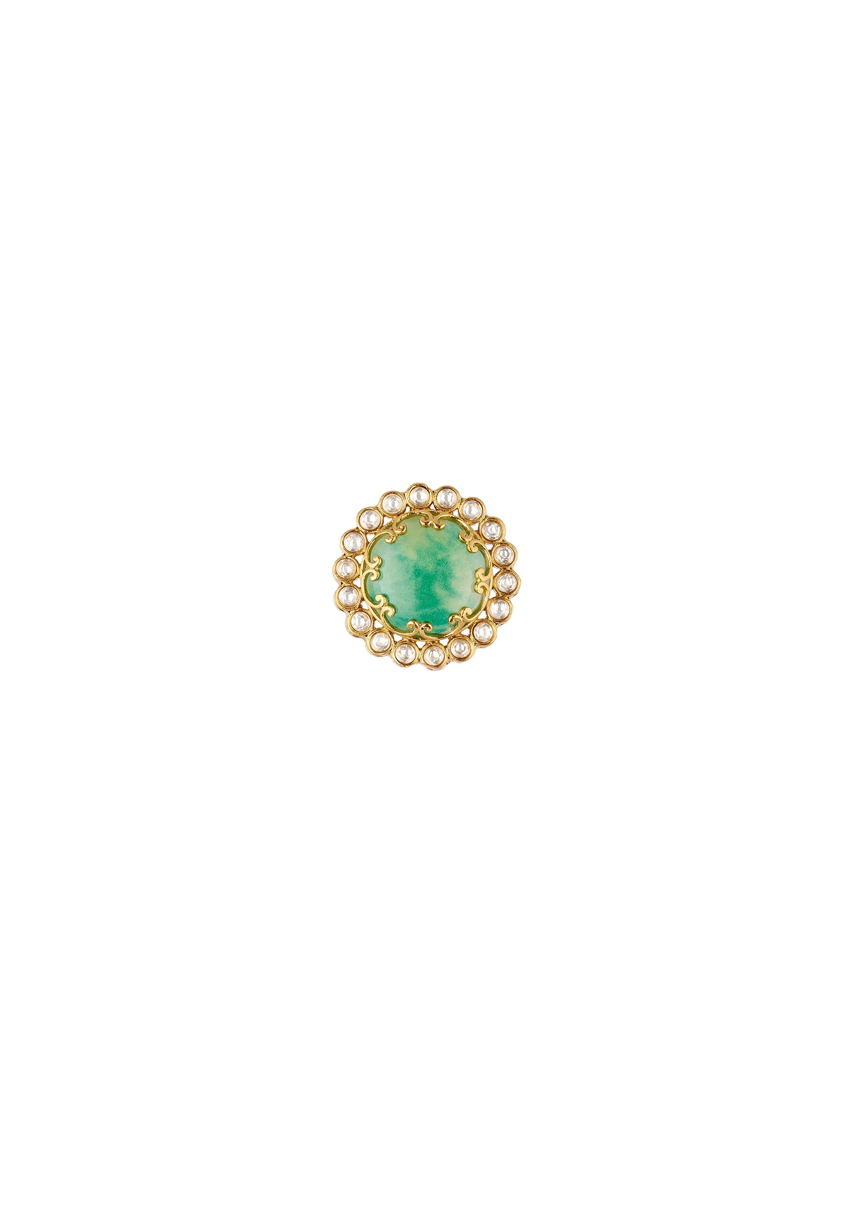 Gold Finish Circular Stud Earrings With Large Green Center Stone and Polki Style Halo - Image 3