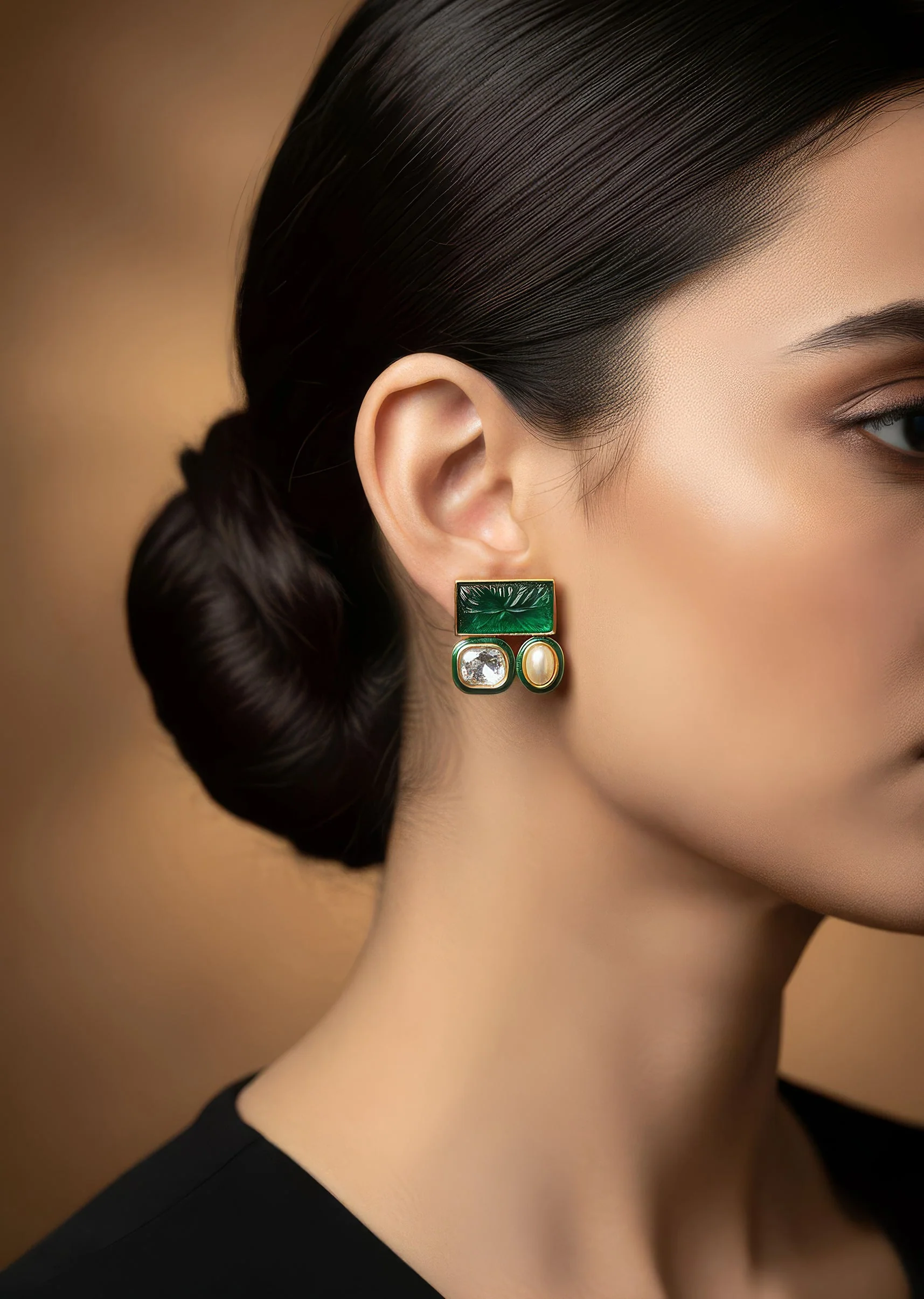 Gold Finish Cluster Stud Earrings In Polki With Green Simulated Stone and Pearl