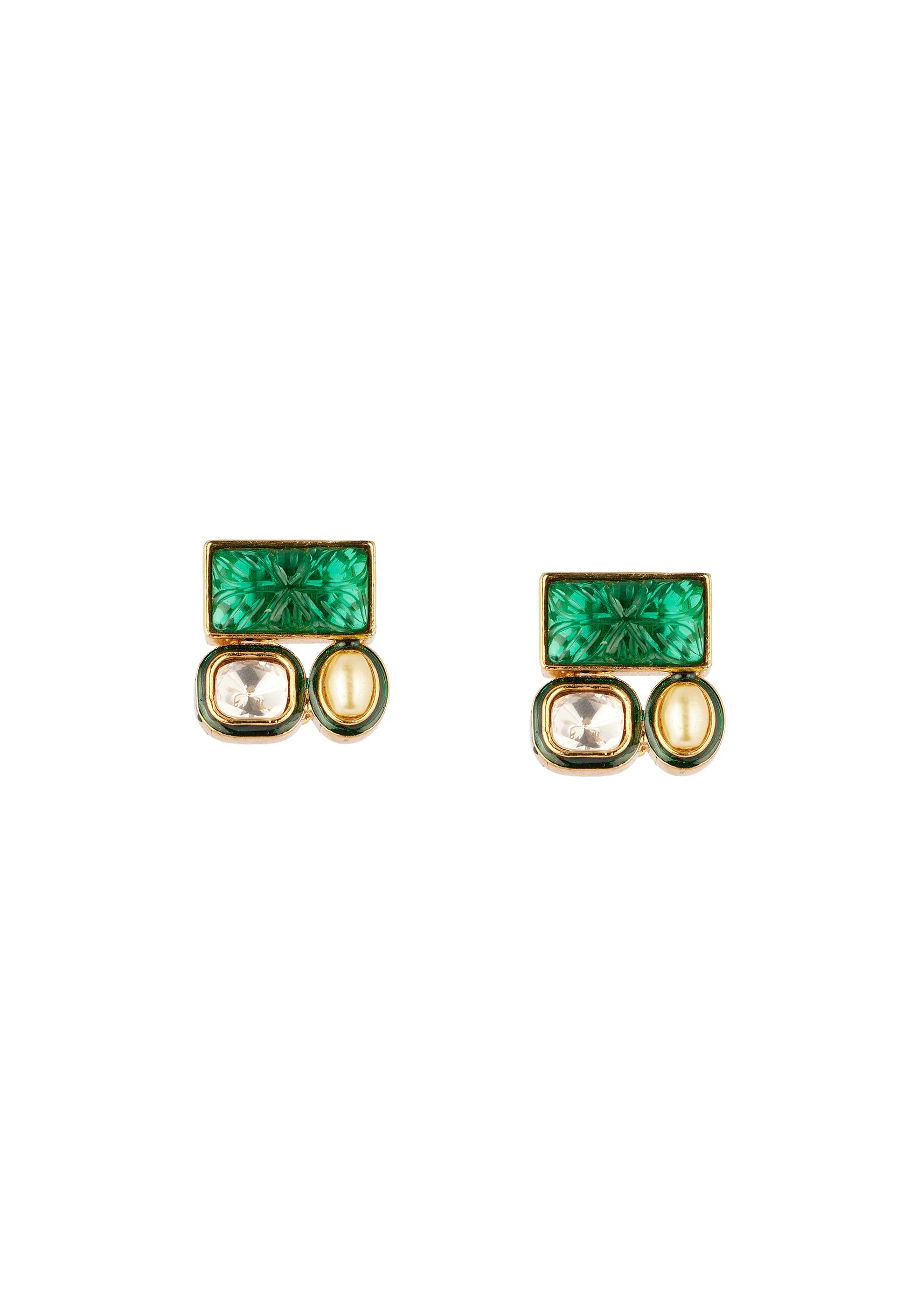 Gold Finish Cluster Stud Earrings In Polki With Green Simulated Stone and Pearl - Image 2