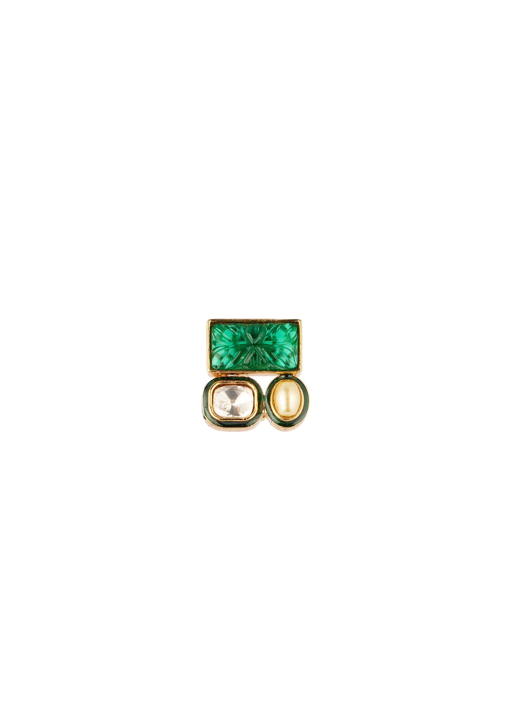 Gold Finish Cluster Stud Earrings In Polki With Green Simulated Stone and Pearl - Image 3