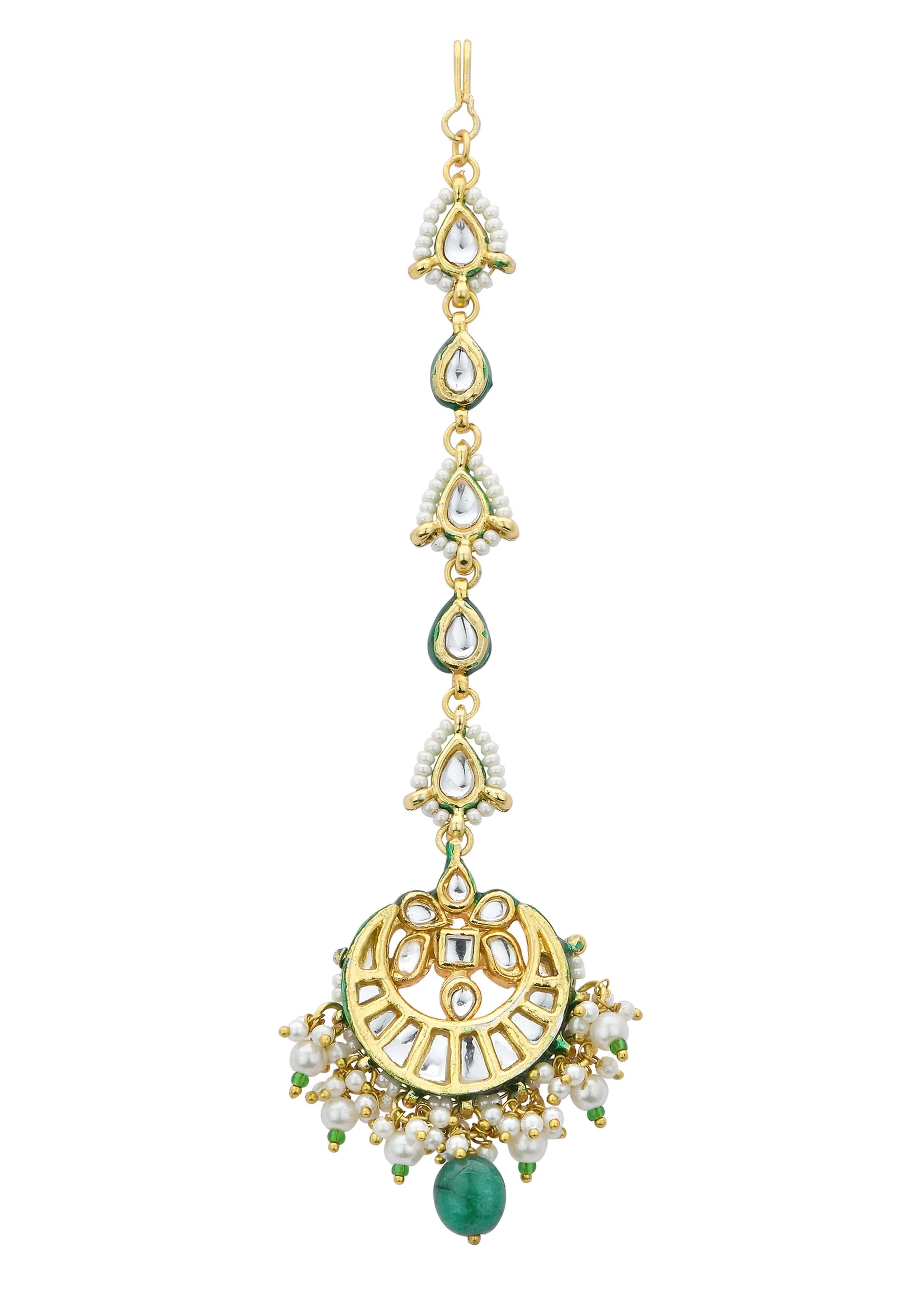 Gold Finish Crescent Mangtikka With Pearl And Green Drops - Image 2