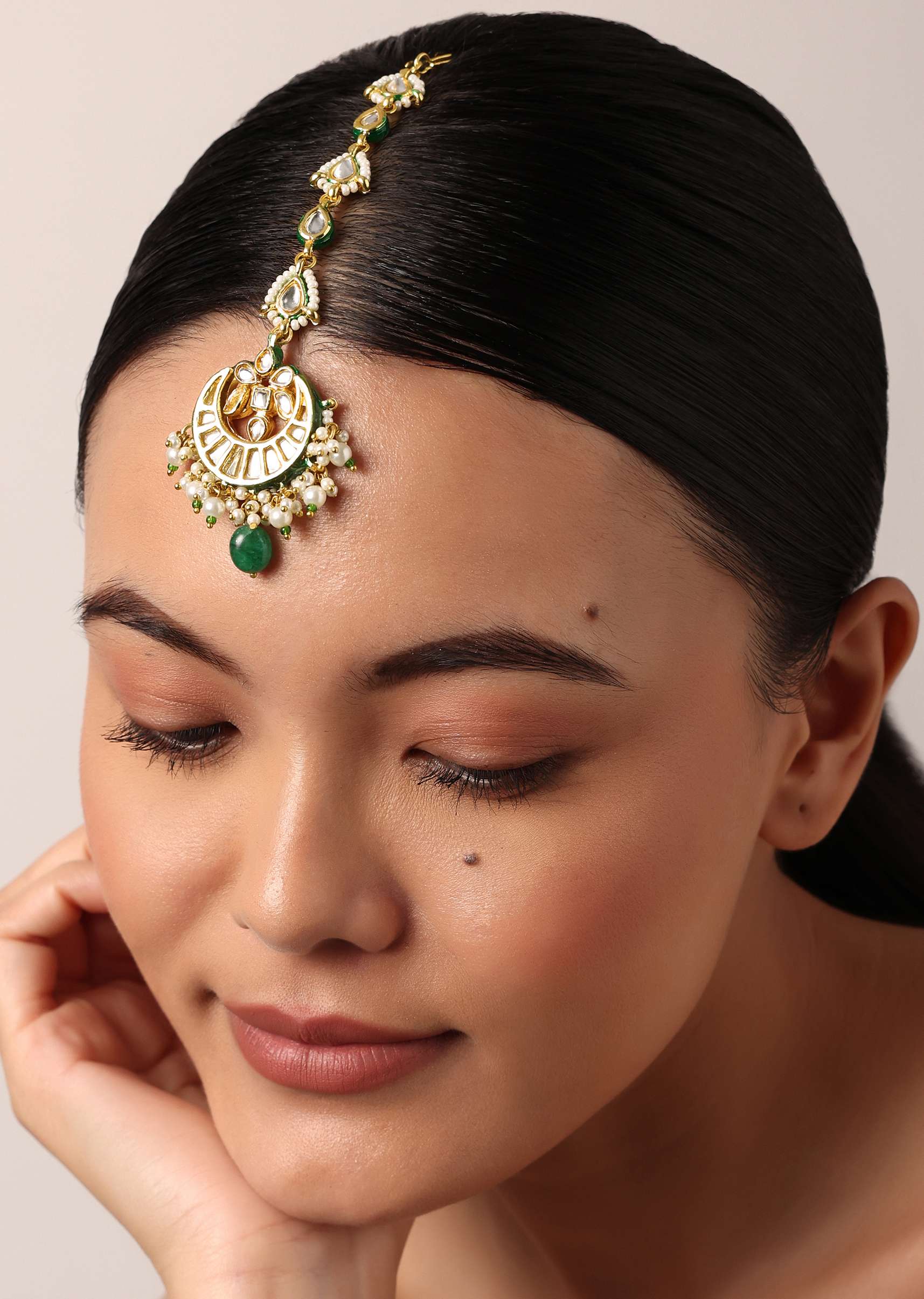 Gold Finish Crescent Mangtikka With Pearl And Green Drops - Image 3