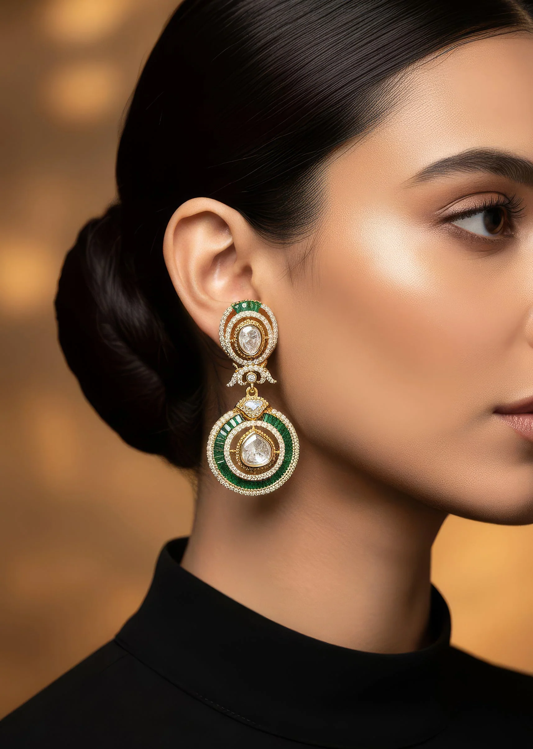Gold Finish Dual Circular Earrings With Green Baguette Cut Stone Borders And Clear Polki Style Centers