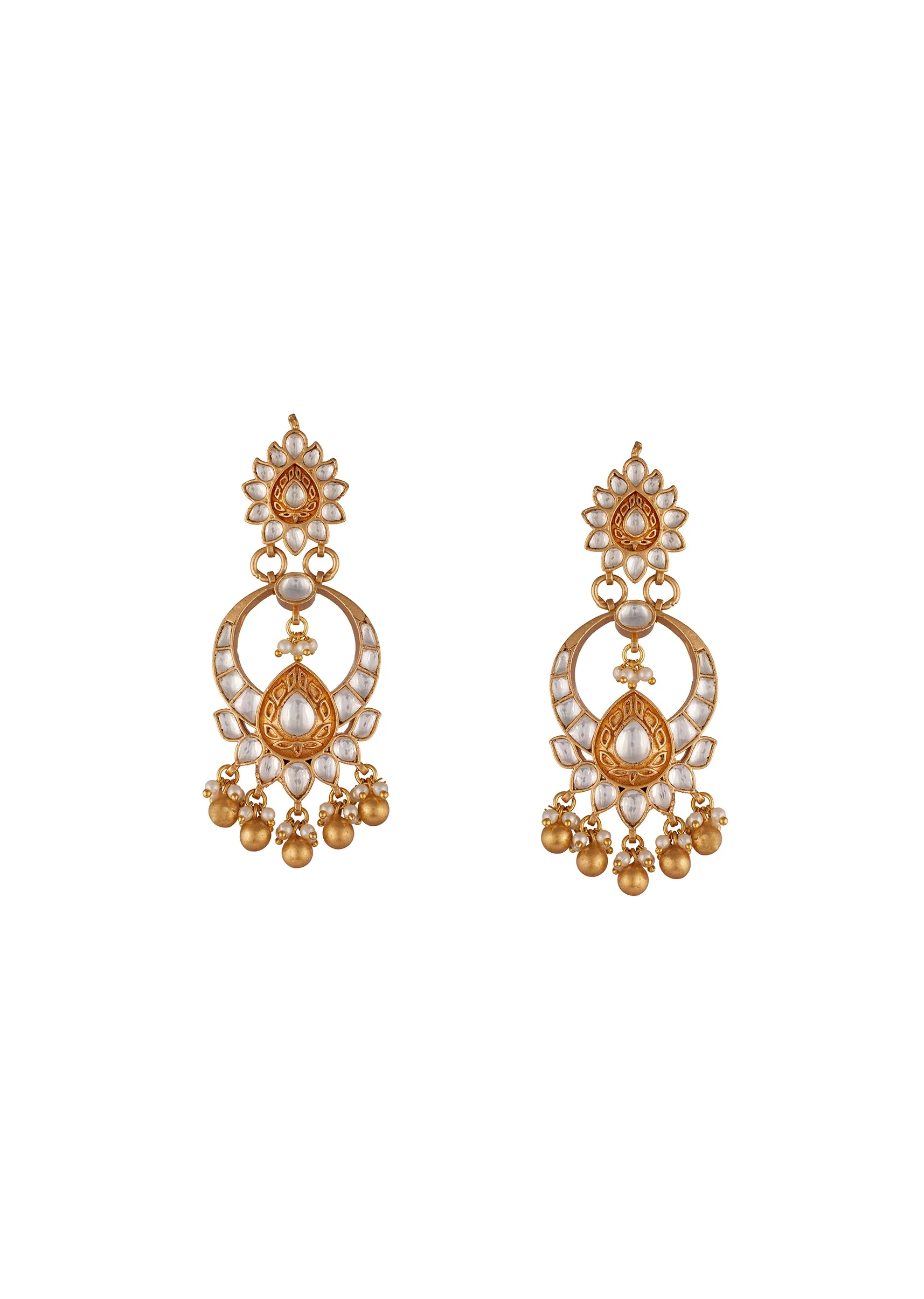 Gold Finish Earrings In Chandbali Style With Kundan And Stone And Pearl Detailing - Image 2