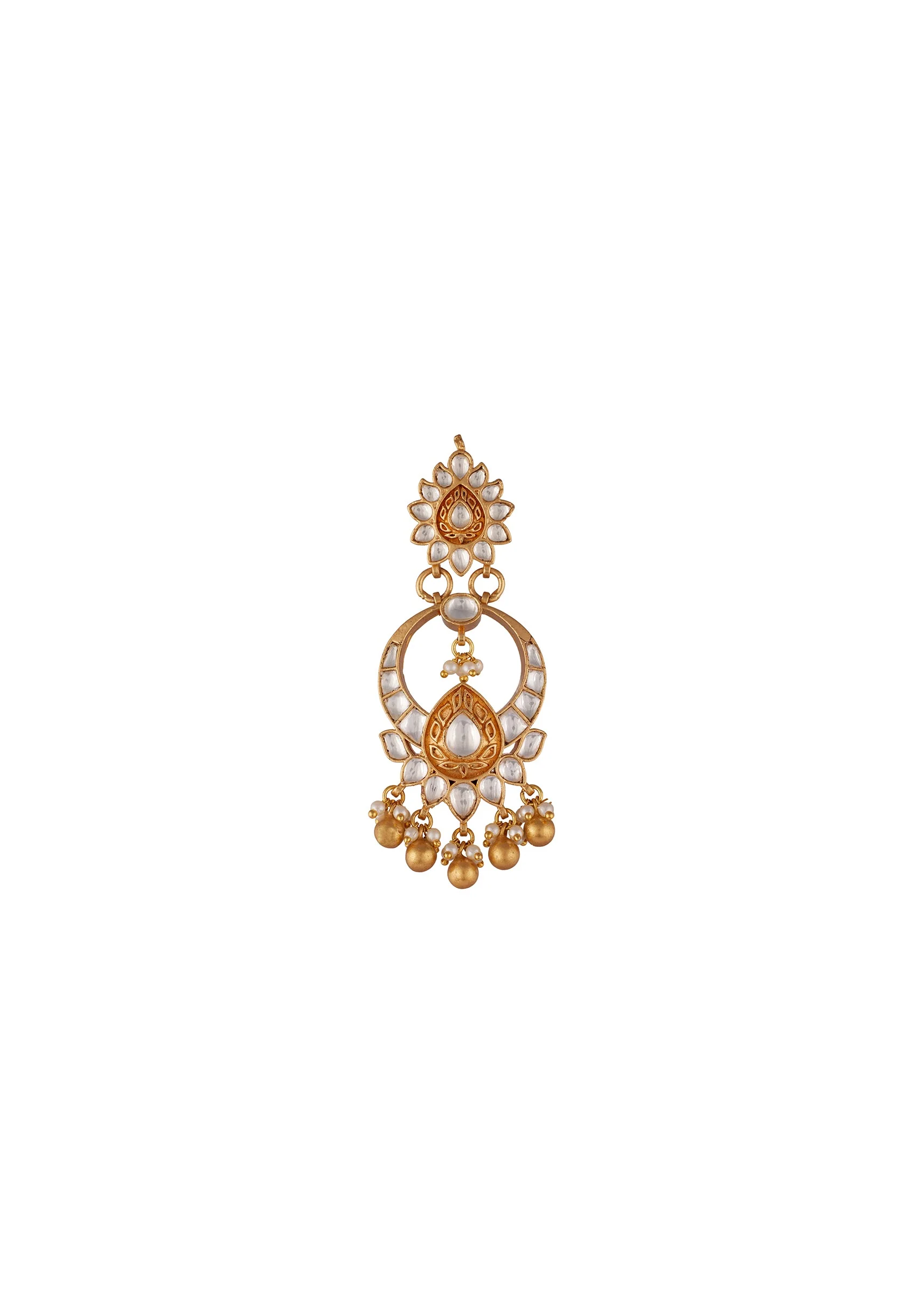 Gold Finish Earrings In Chandbali Style With Kundan And Stone And Pearl Detailing - Image 3