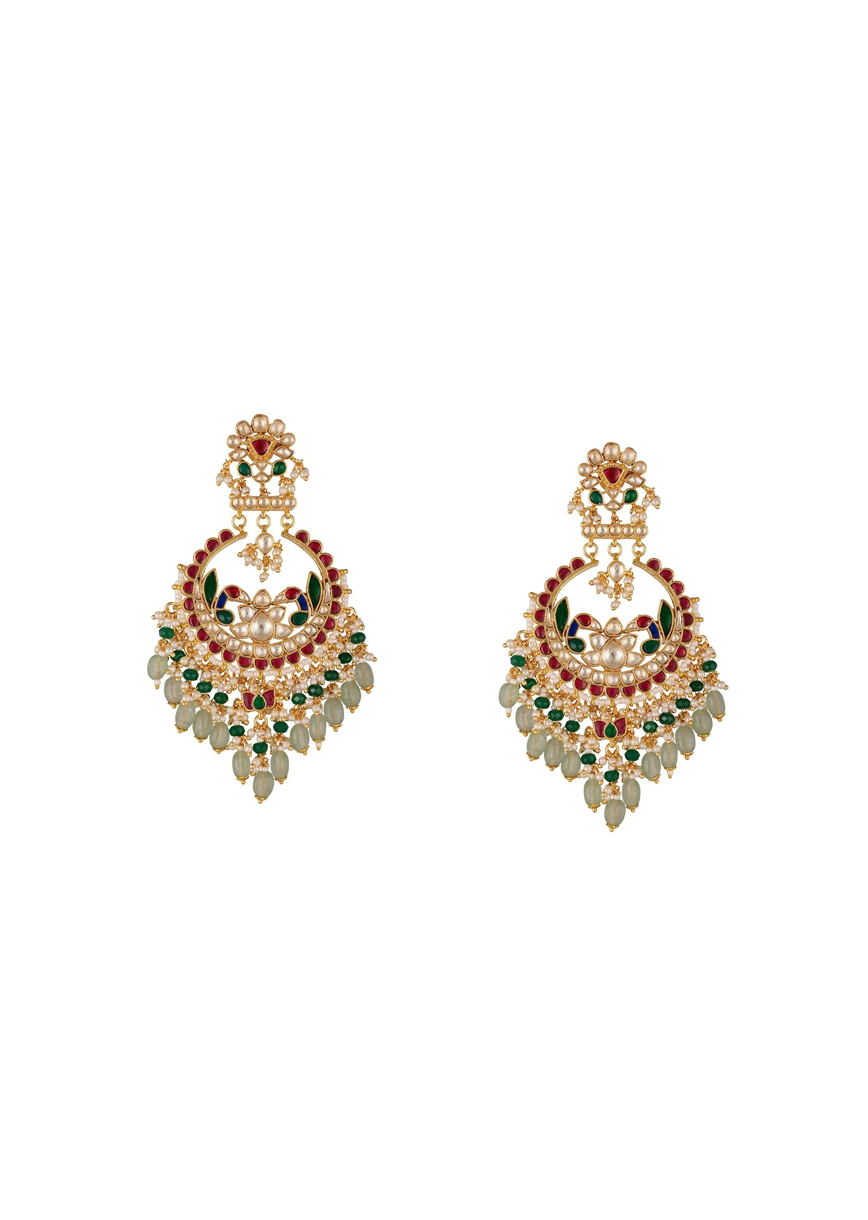Gold Finish Earrings In Chandbali Style With Multi Colored Kundan And Stone And Pearl Detailing - Image 2