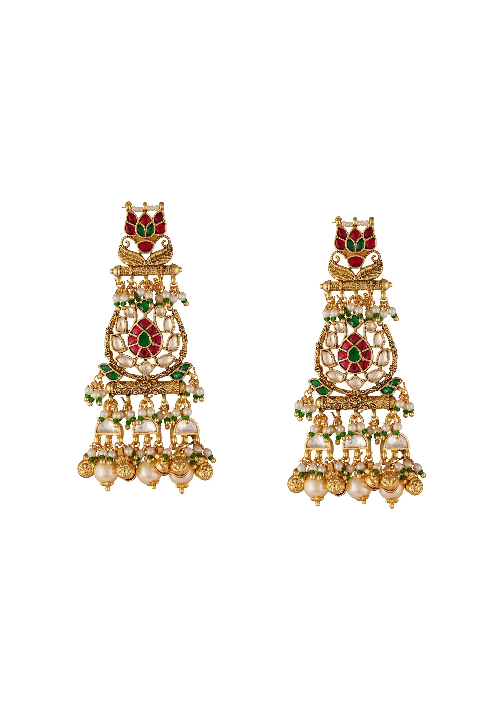 Gold Finish Earrings In Drop Style With Kundan And Multi Stone And Pearl Detailing - Image 2