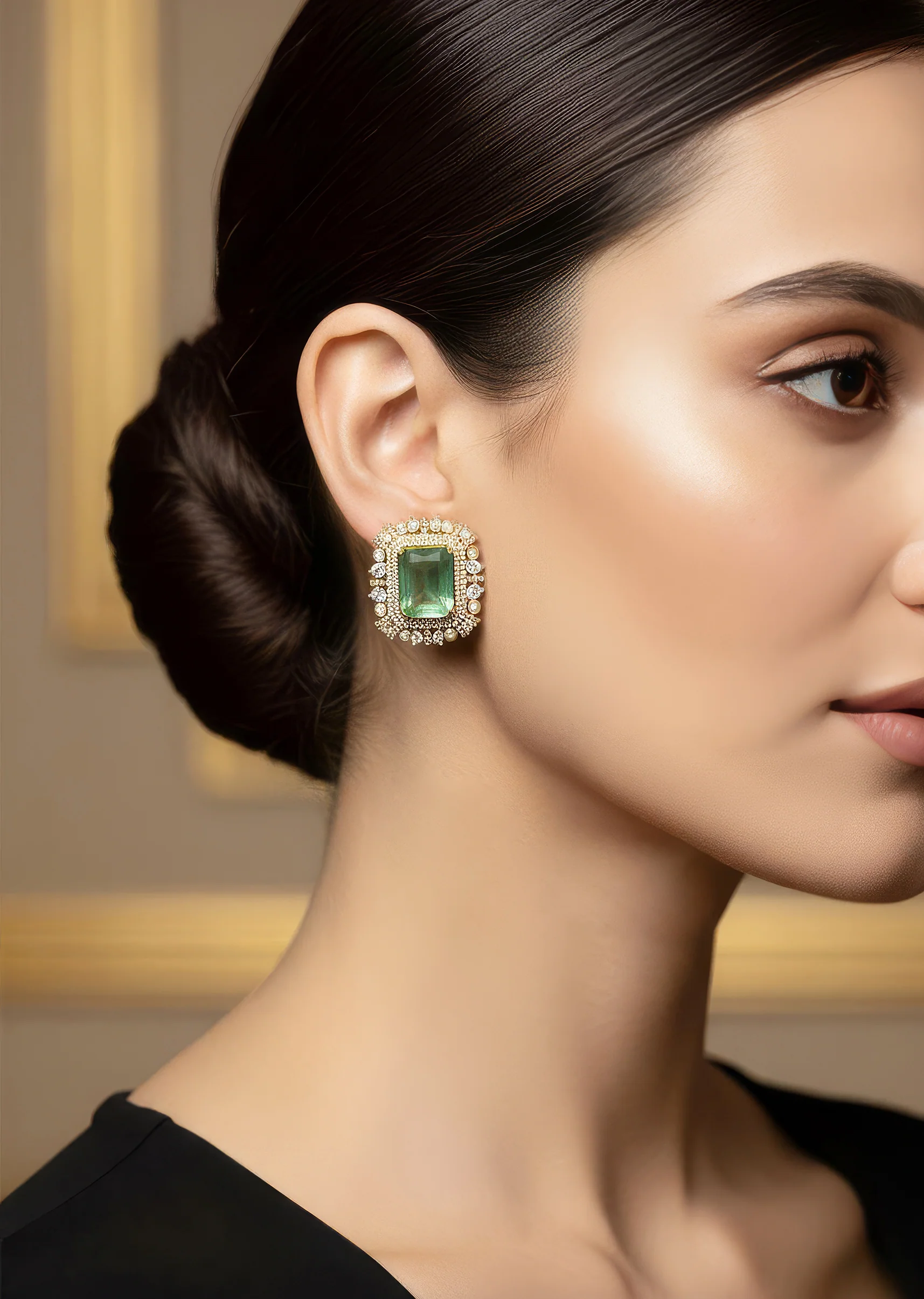 Gold Finish Earrings In Polki With Green Stone And Cubic Zirconia Detailing