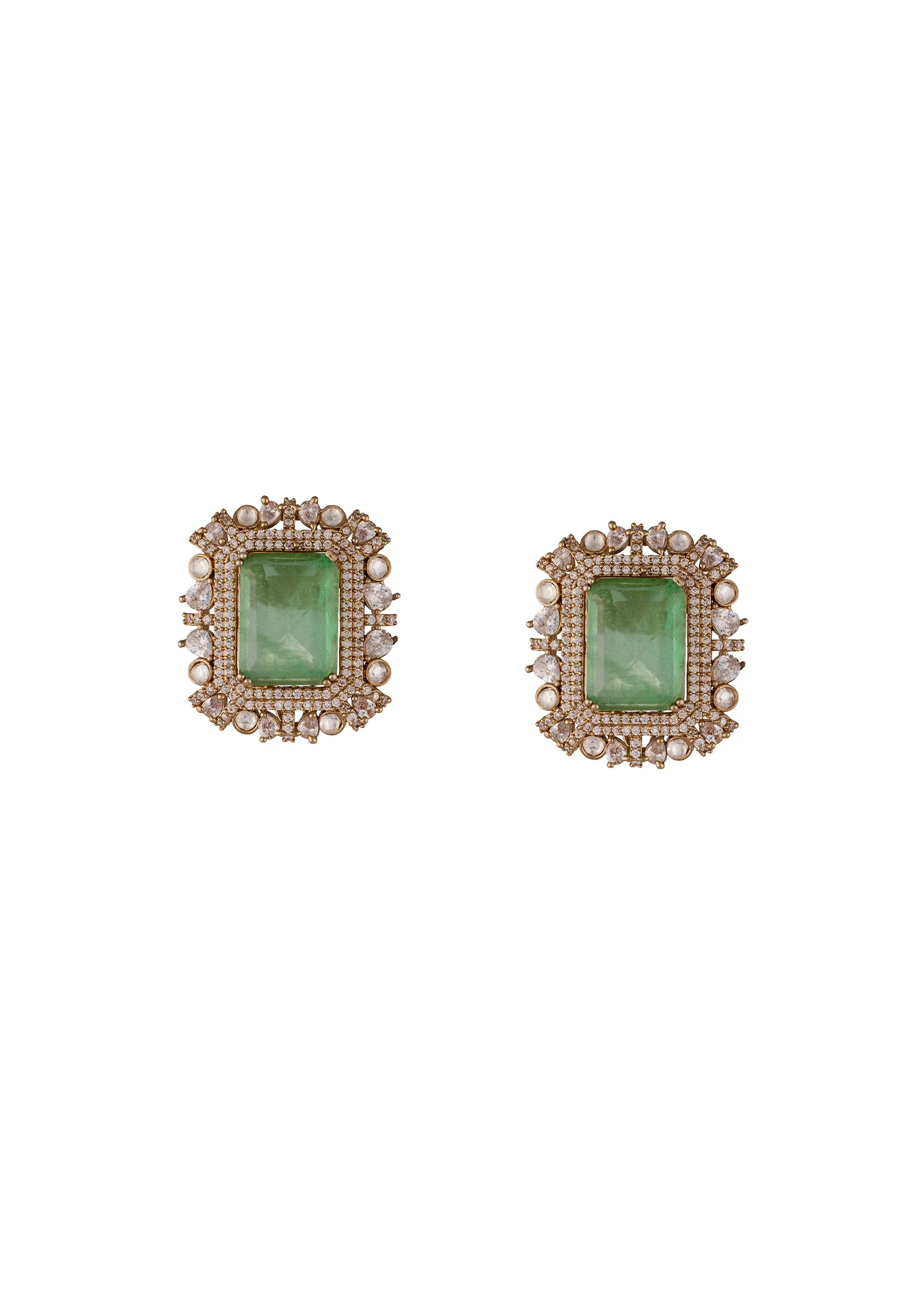 Gold Finish Earrings In Polki With Green Stone And Cubic Zirconia Detailing - Image 2