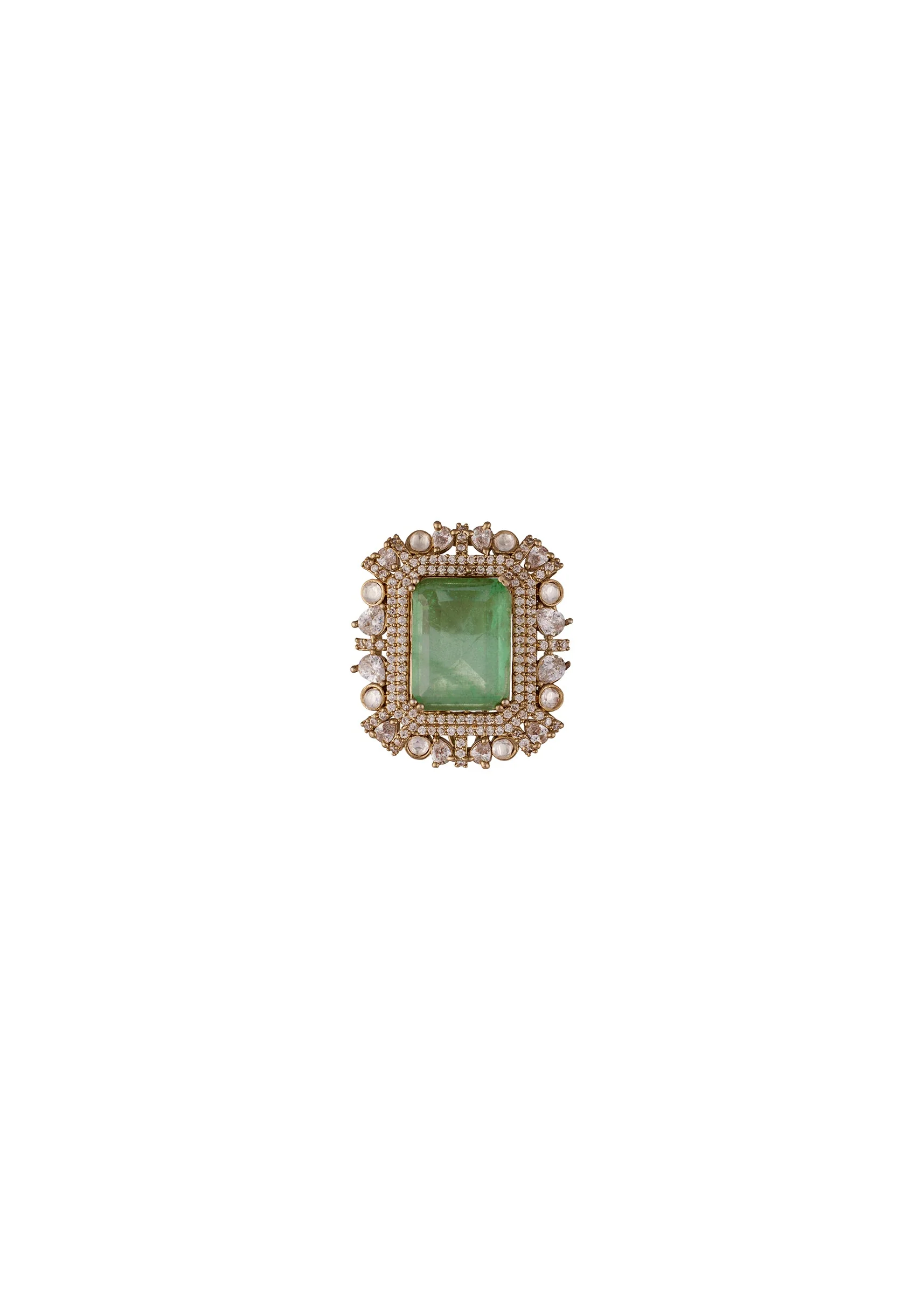 Gold Finish Earrings In Polki With Green Stone And Cubic Zirconia Detailing - Image 3