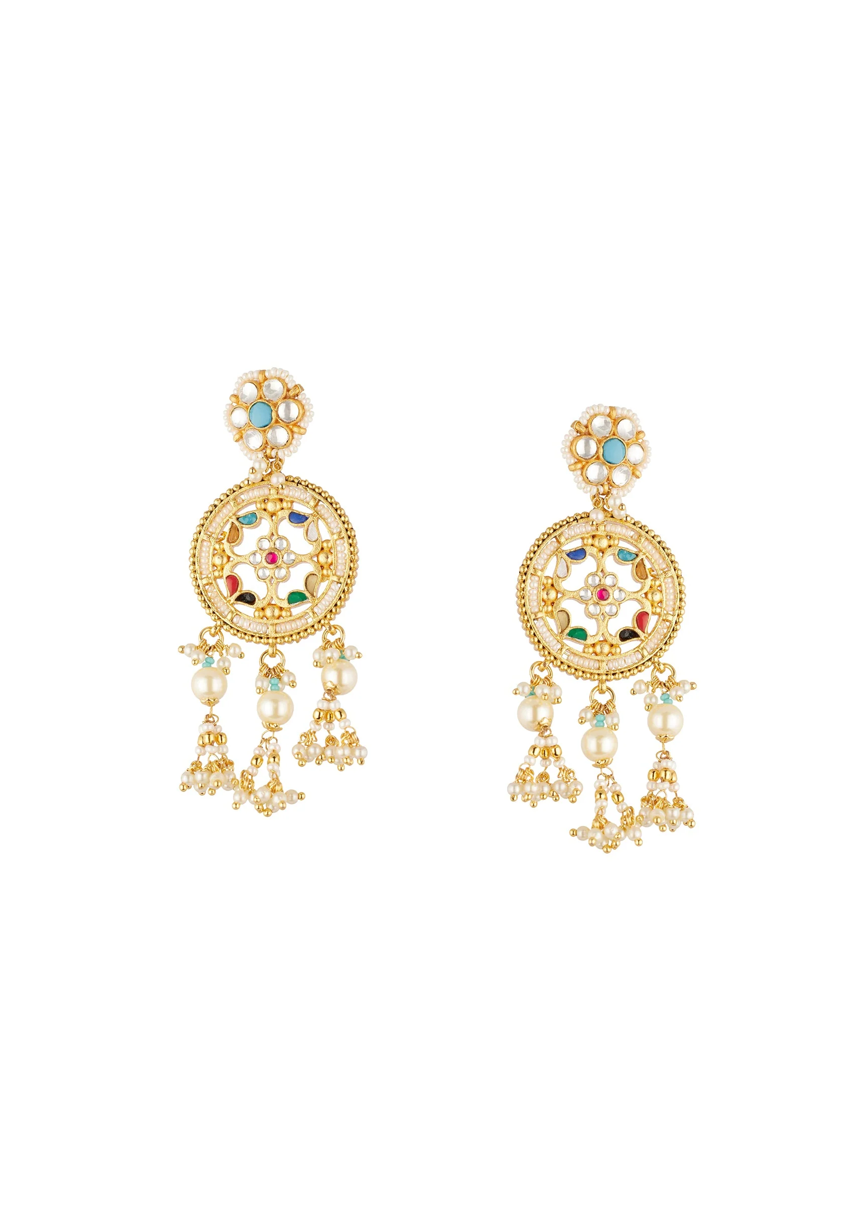 Gold Finish Earrings With Traditional Temple Motifs And Green Purple Red Yellow and Blue Simulated Stones And Faux Pearls. - Image 2