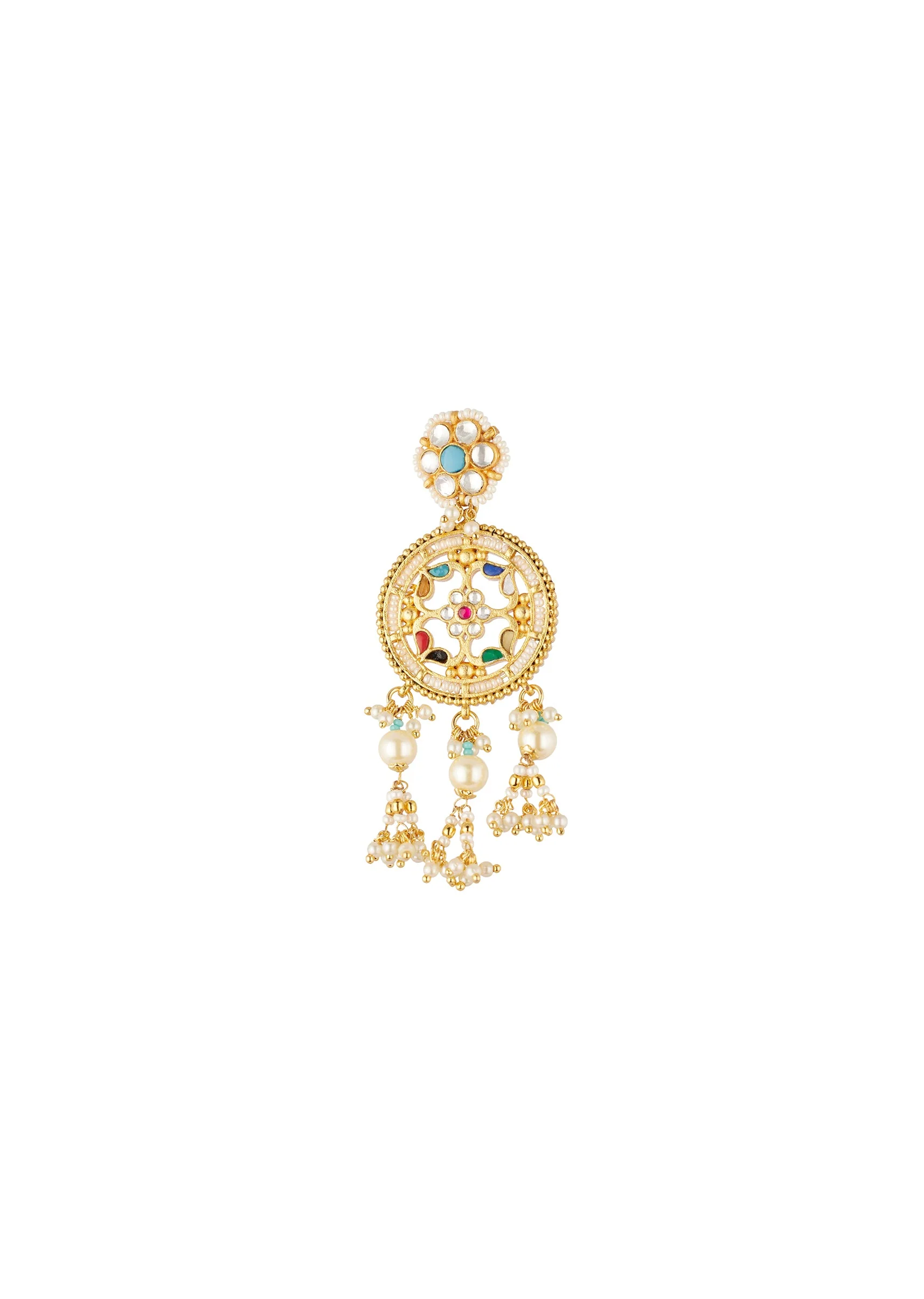Gold Finish Earrings With Traditional Temple Motifs And Green Purple Red Yellow and Blue Simulated Stones And Faux Pearls. - Image 3