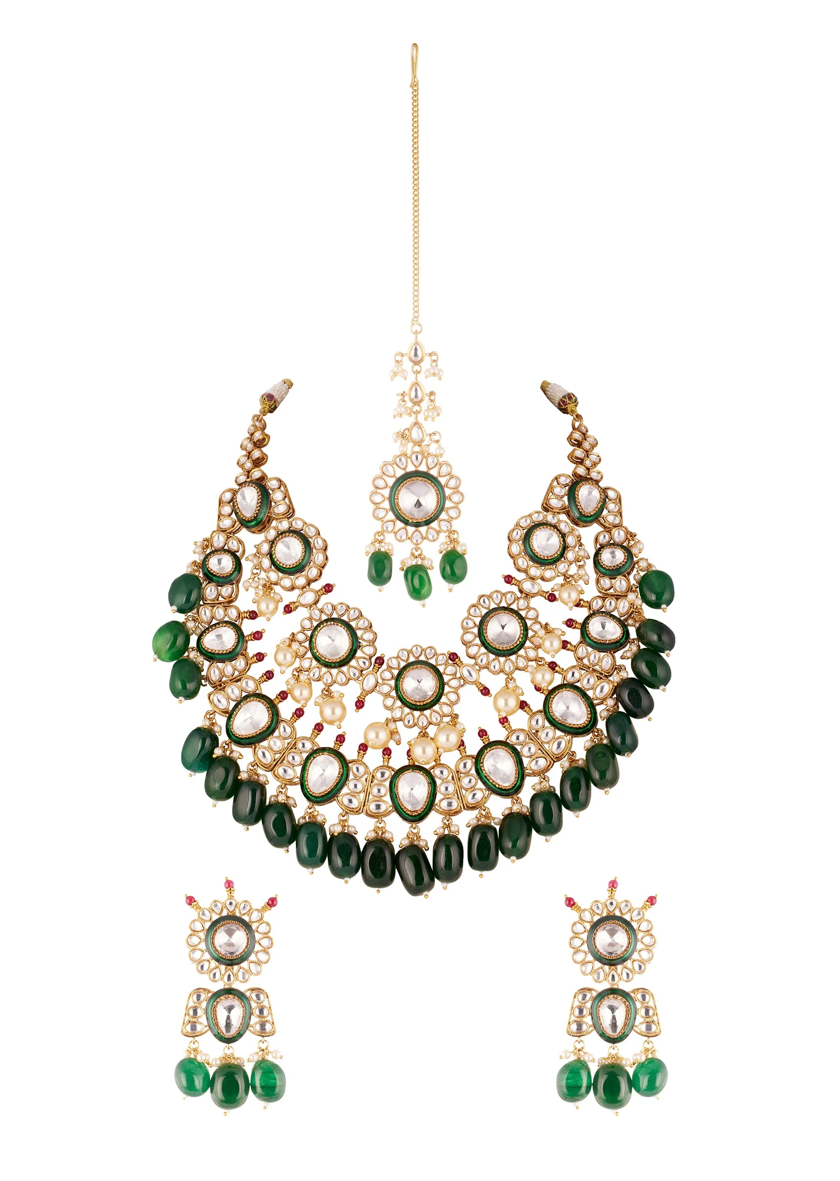 Gold Finish Grand Kundan Choker Necklace Set With Green Enamel And Green Beads - Image 2