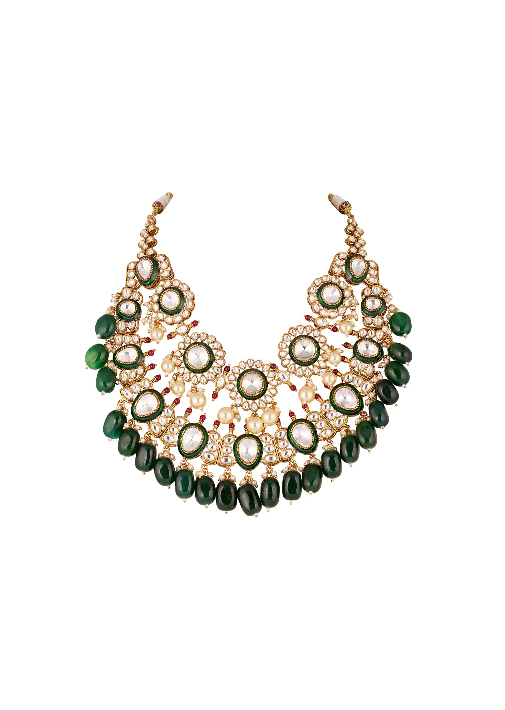 Gold Finish Grand Kundan Choker Necklace Set With Green Enamel And Green Beads - Image 3