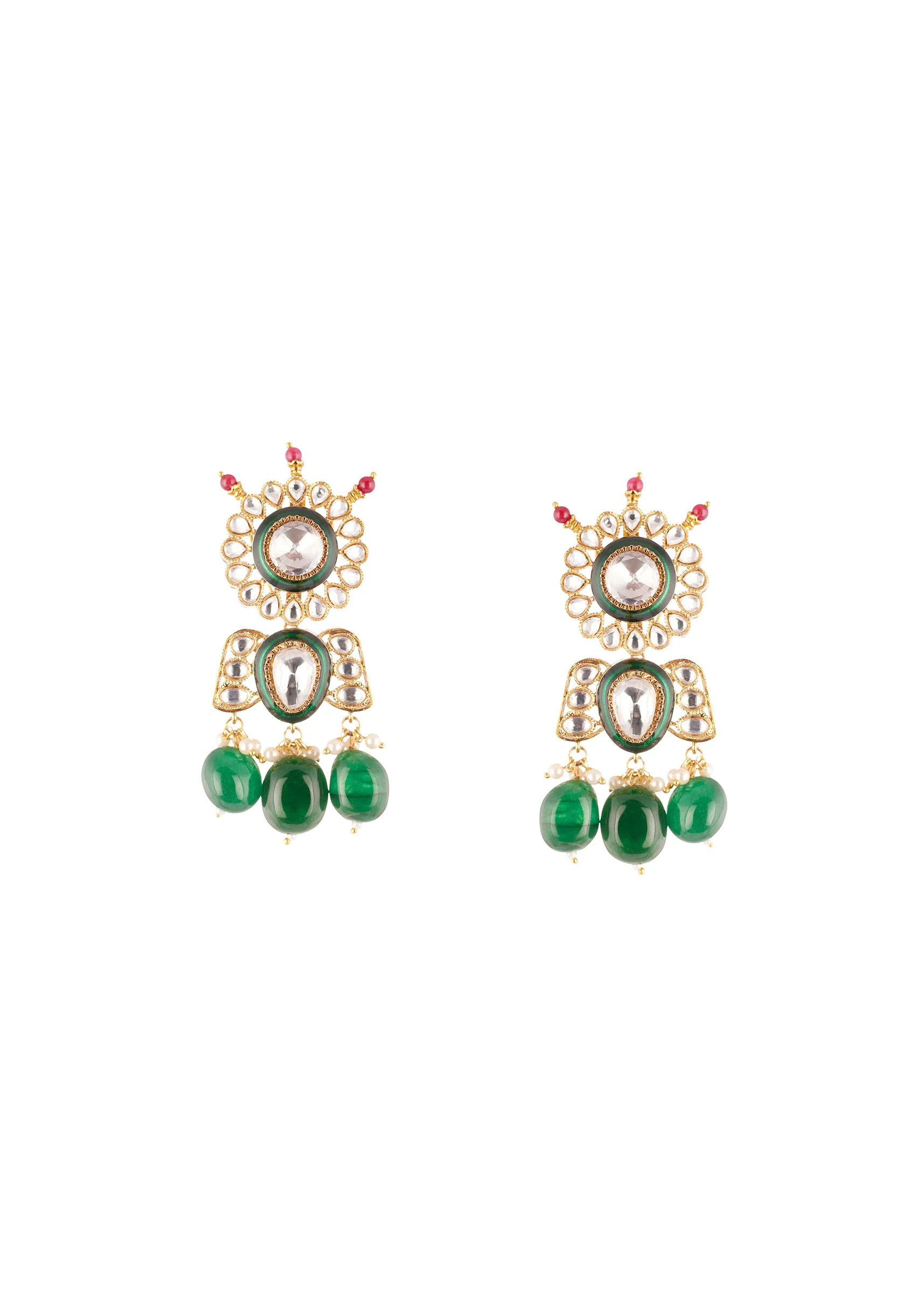Gold Finish Grand Kundan Choker Necklace Set With Green Enamel And Green Beads - Image 4