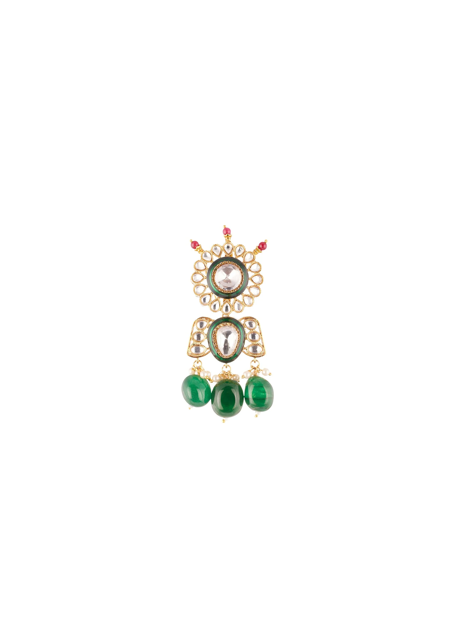Gold Finish Grand Kundan Choker Necklace Set With Green Enamel And Green Beads - Image 5
