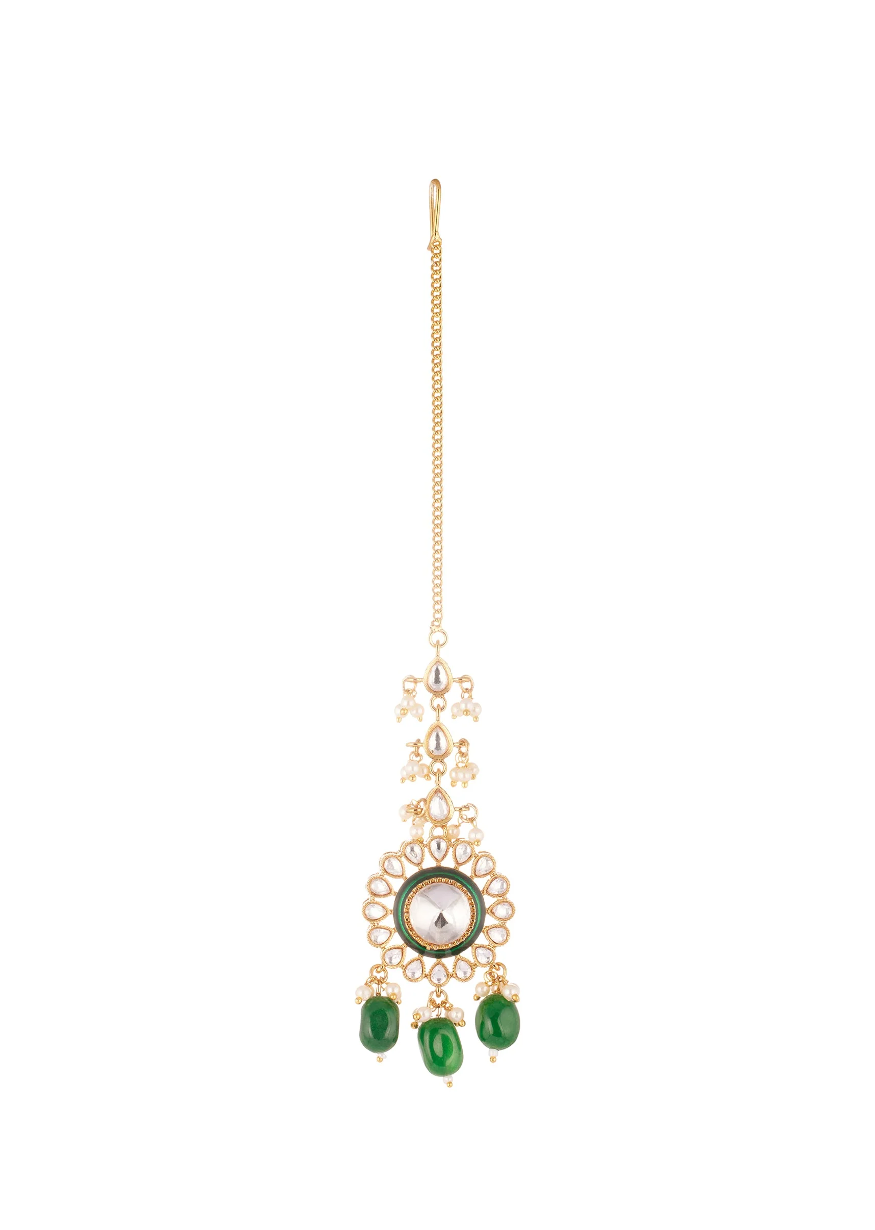 Gold Finish Grand Kundan Choker Necklace Set With Green Enamel And Green Beads - Image 6