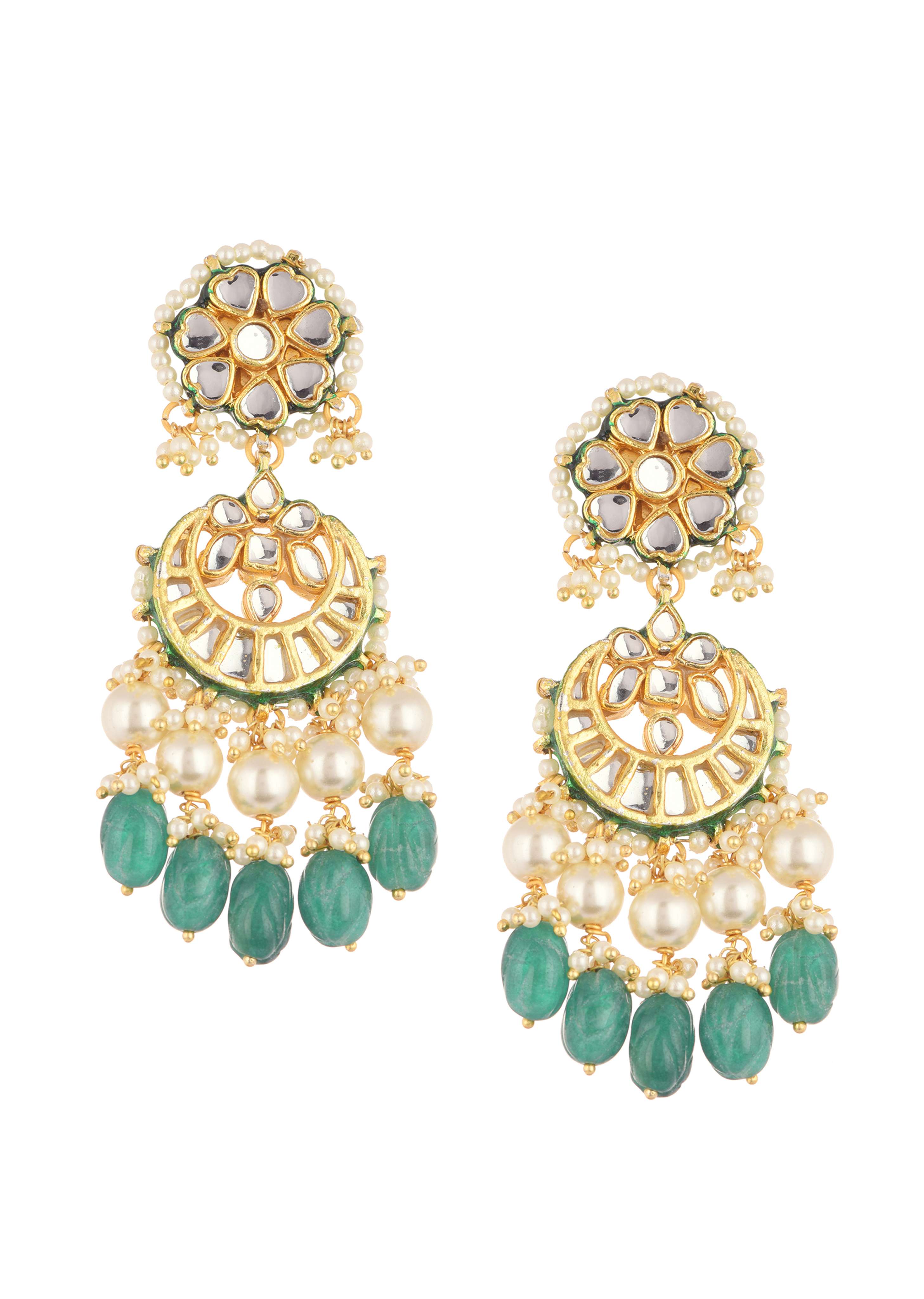 Gold Finish Green And White Chandbalis in Mix Metal - Image 3