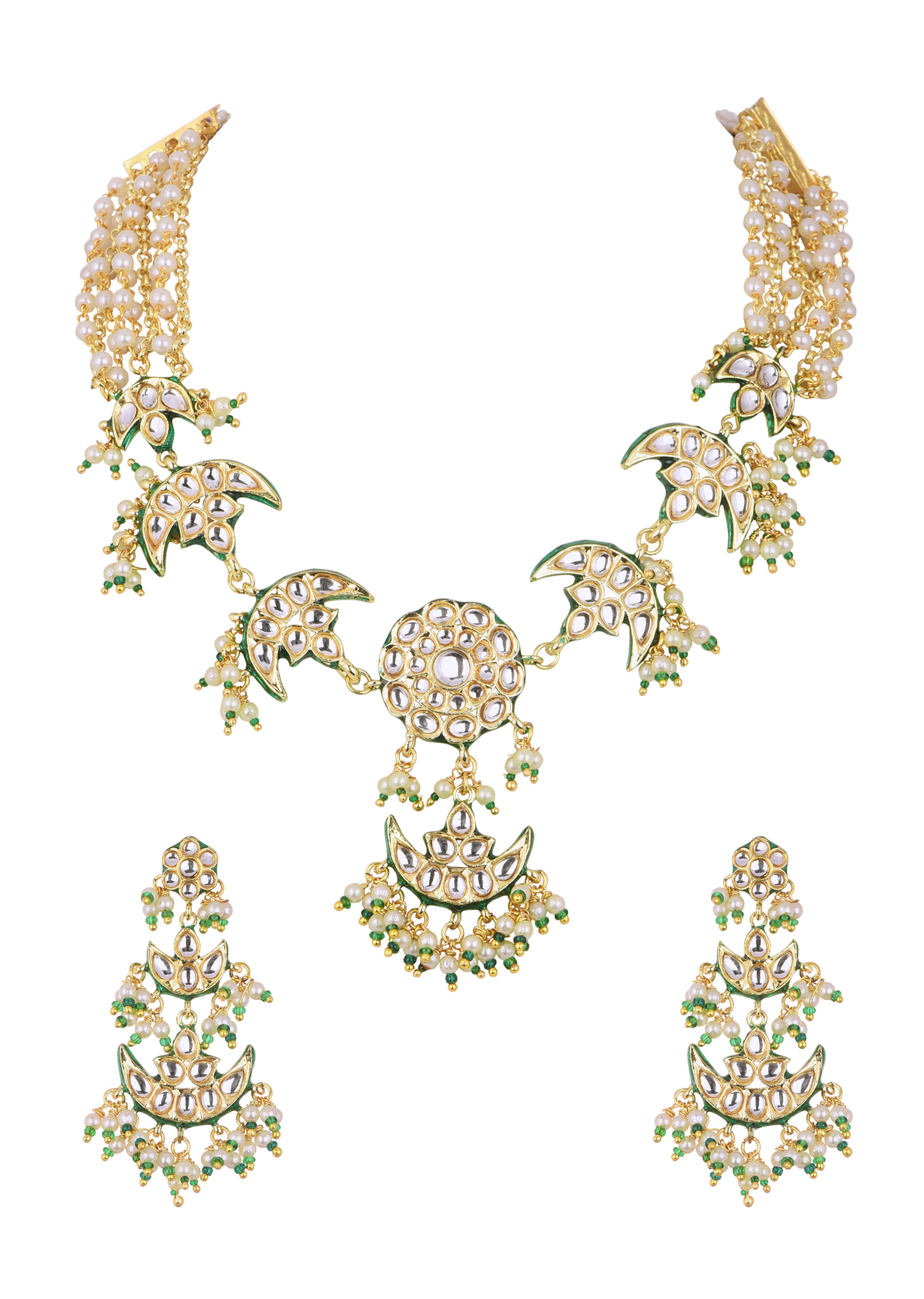Gold Finish Green Kundan Necklace Set With Beads And Pearls - Image 5