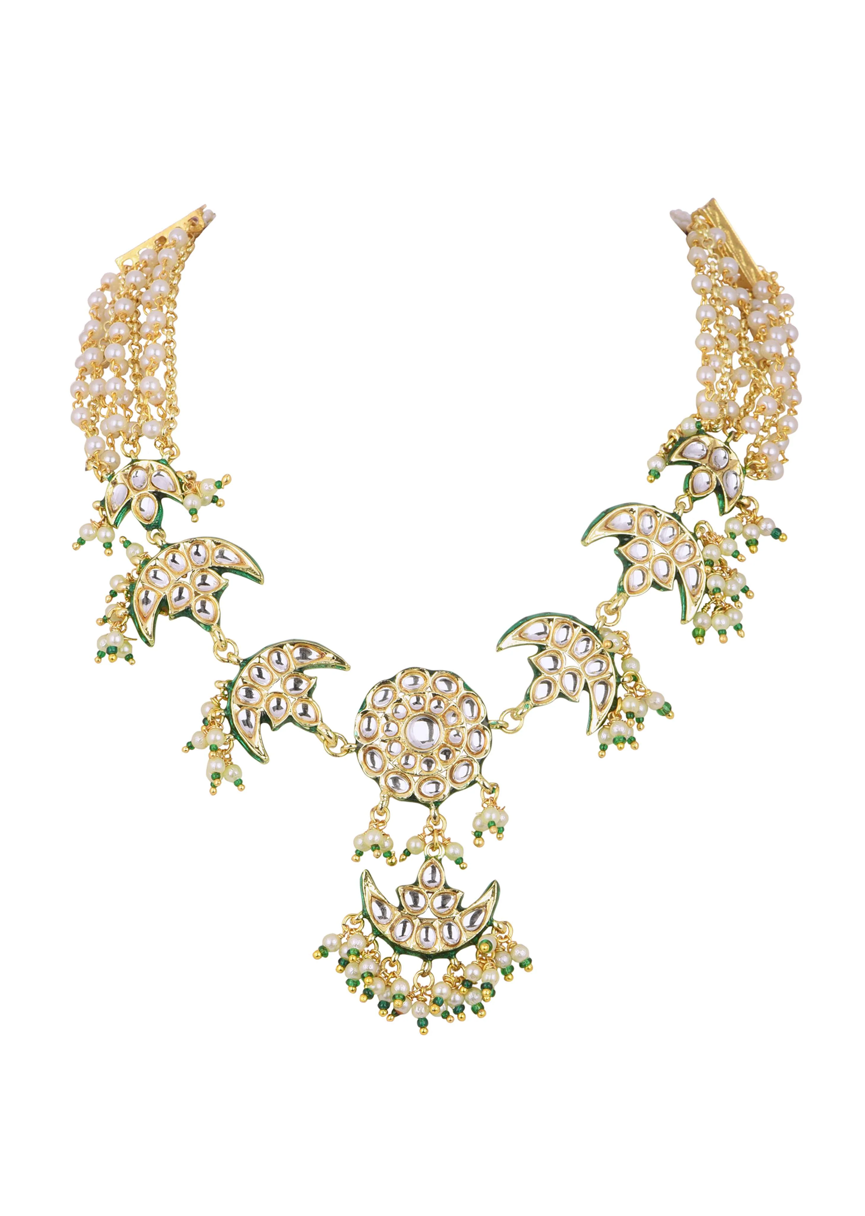 Gold Finish Green Kundan Necklace Set With Beads And Pearls - Image 6
