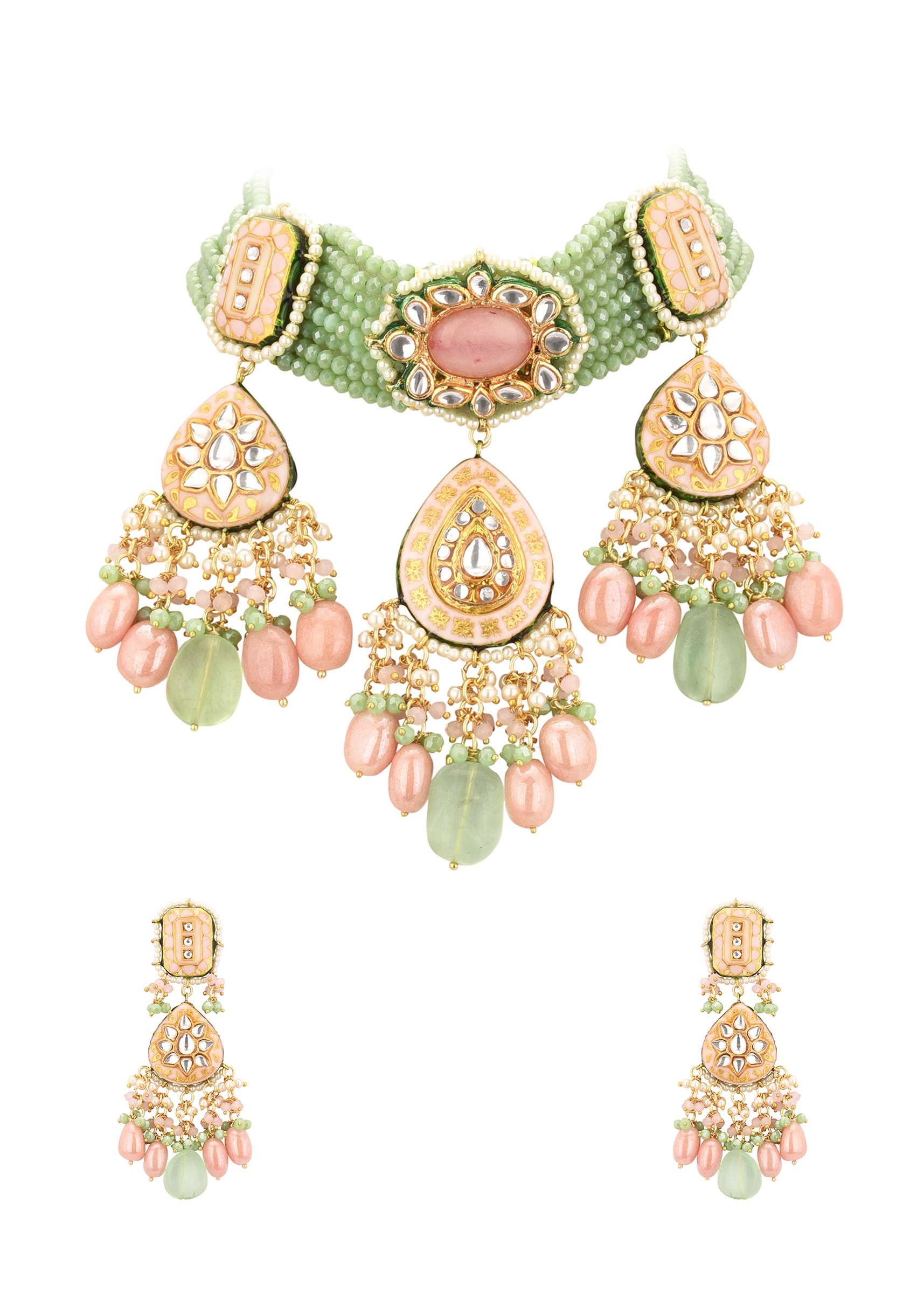 Gold-Finish Green-Stone Kundan Choker Necklace Set With Colourful Meenakari Work In Mix Metal - Image 7