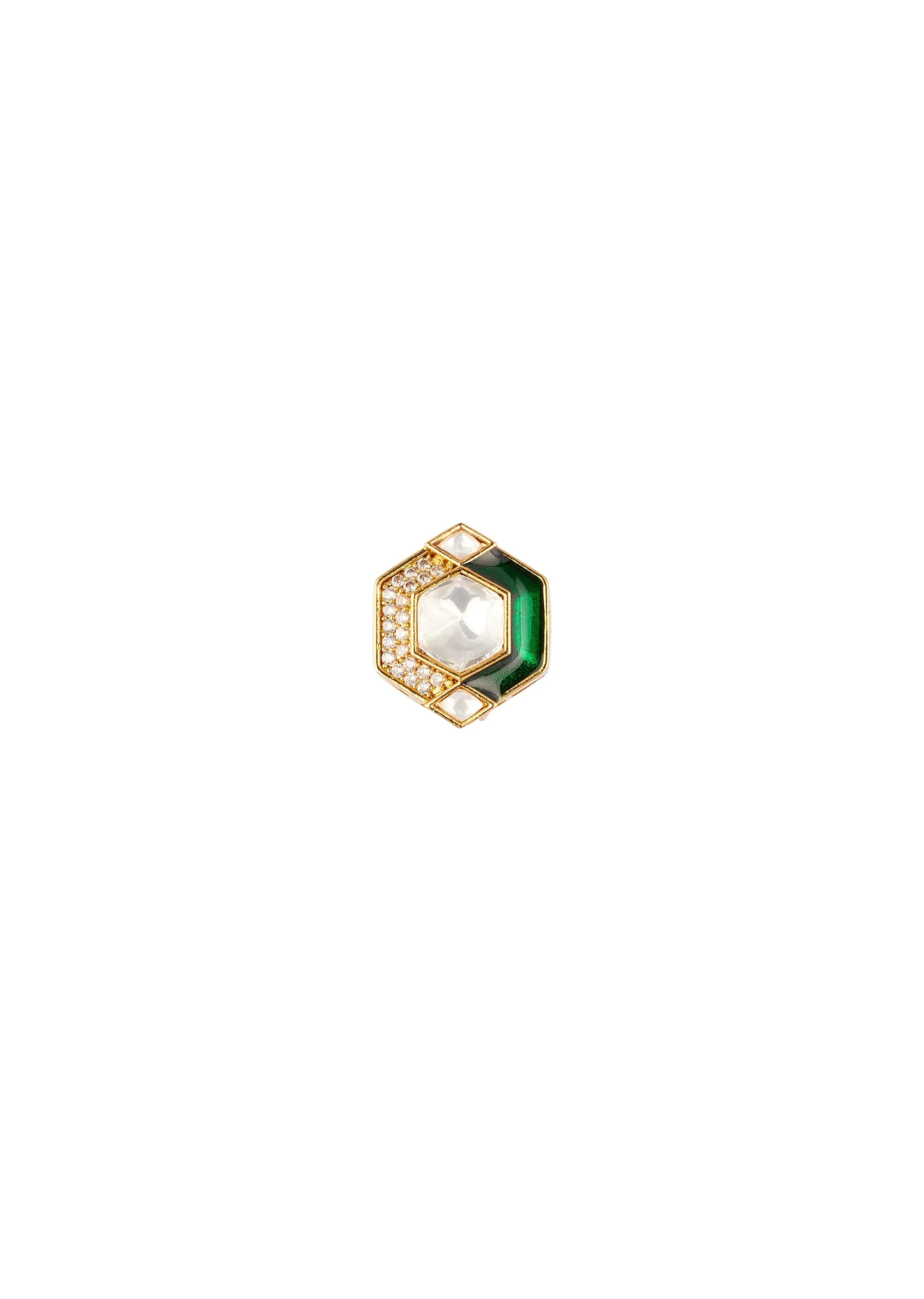 Gold Finish Hexagonal Stud Earrings With Green Enamel and Clear Stones - Image 3