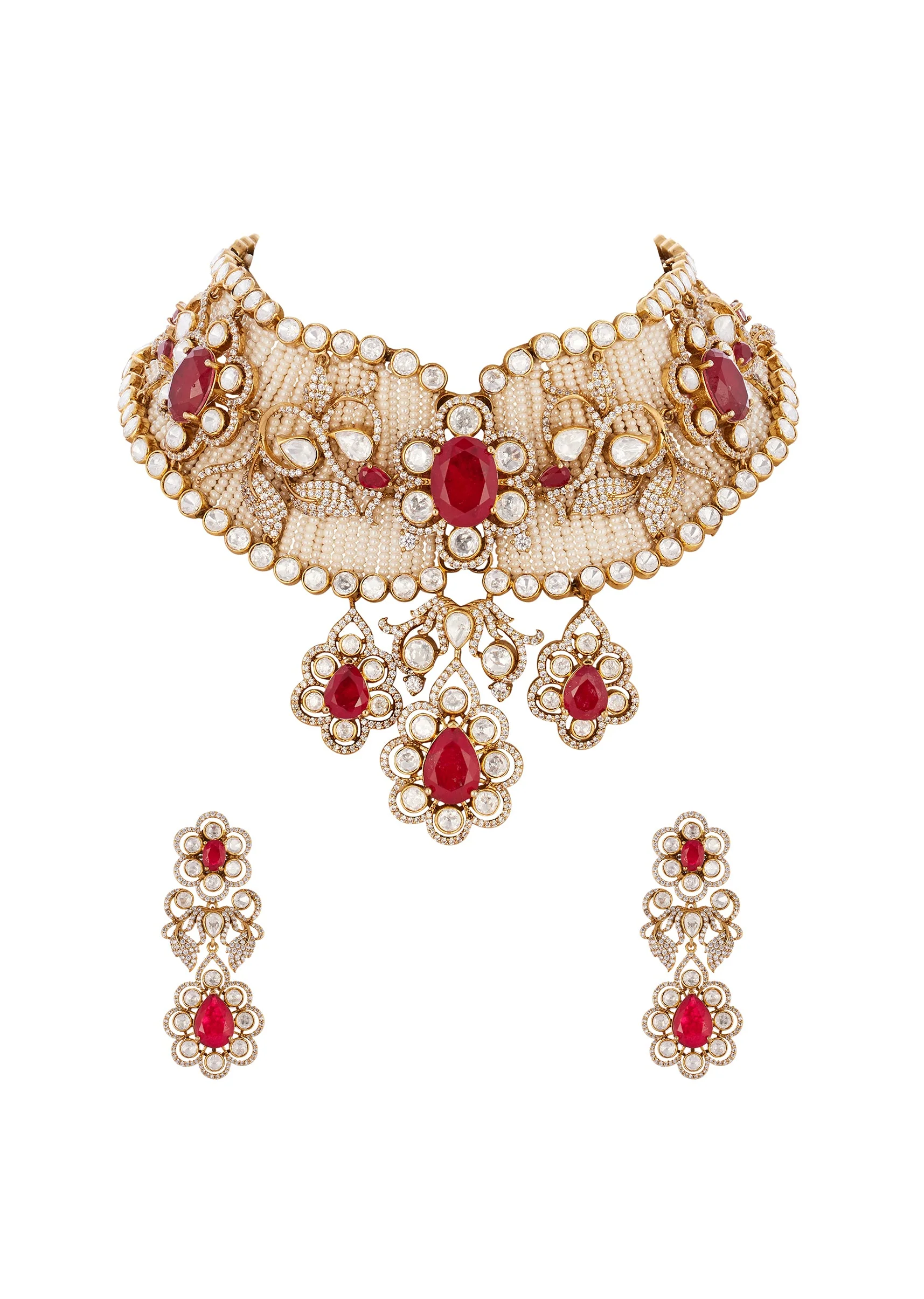 Gold Finish Jewellery Set In Kundan Polki - Image 2