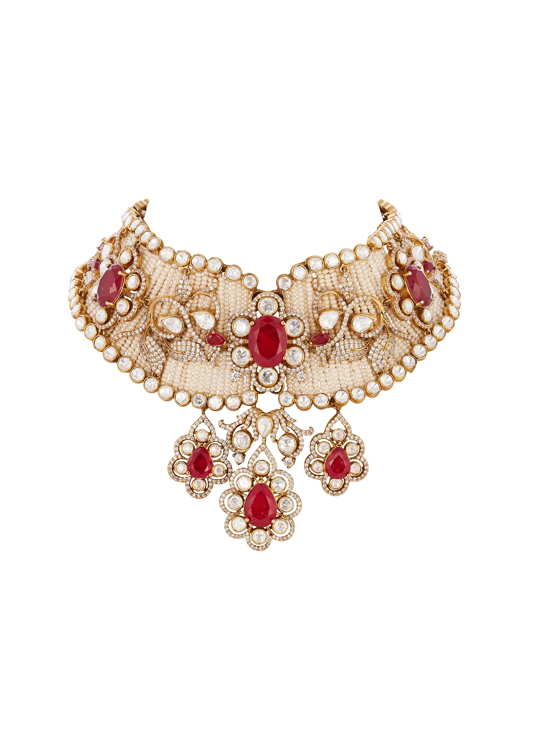 Gold Finish Jewellery Set In Kundan Polki - Image 3