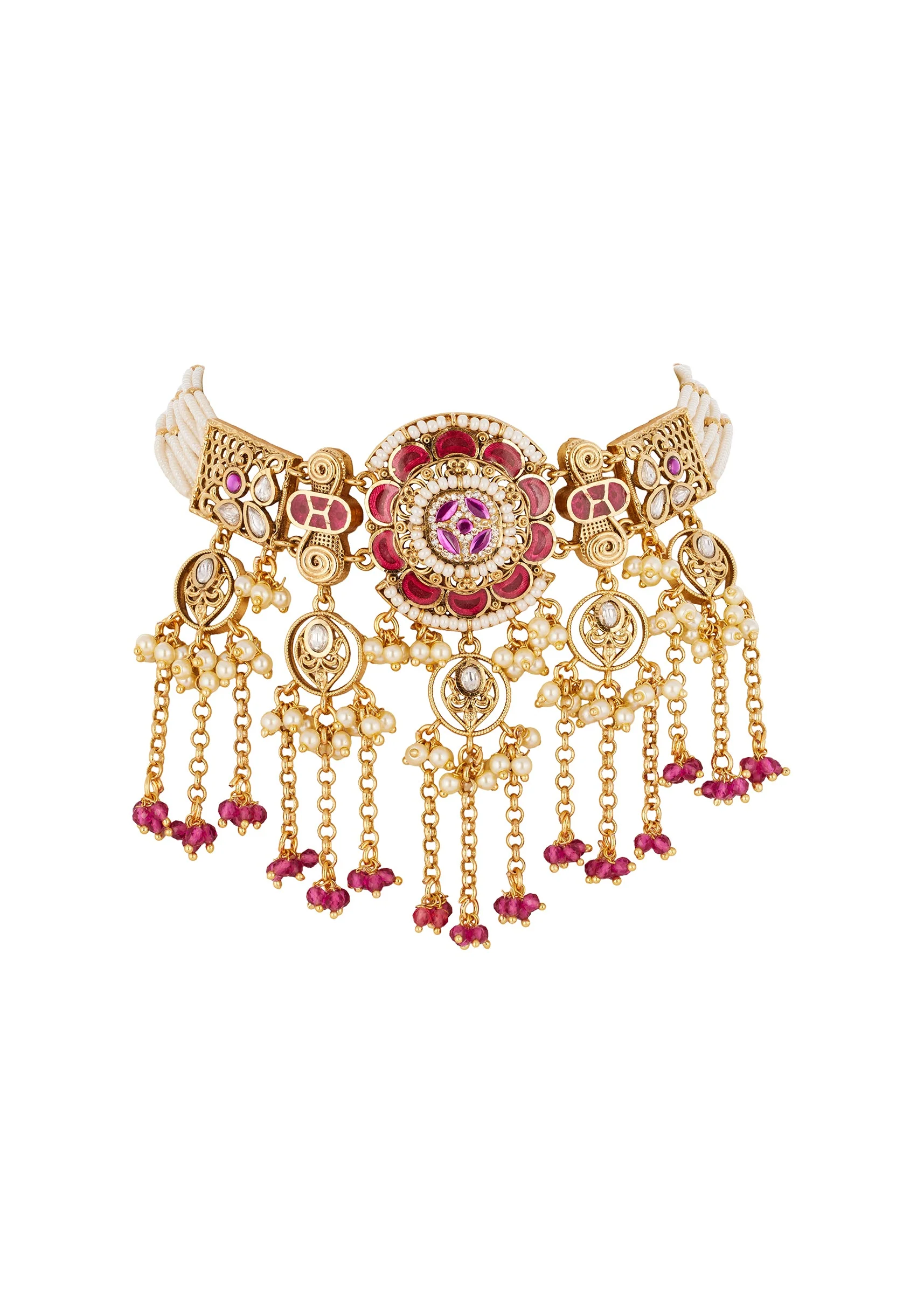 Gold Finish Jewellery Set In Polki - Image 3