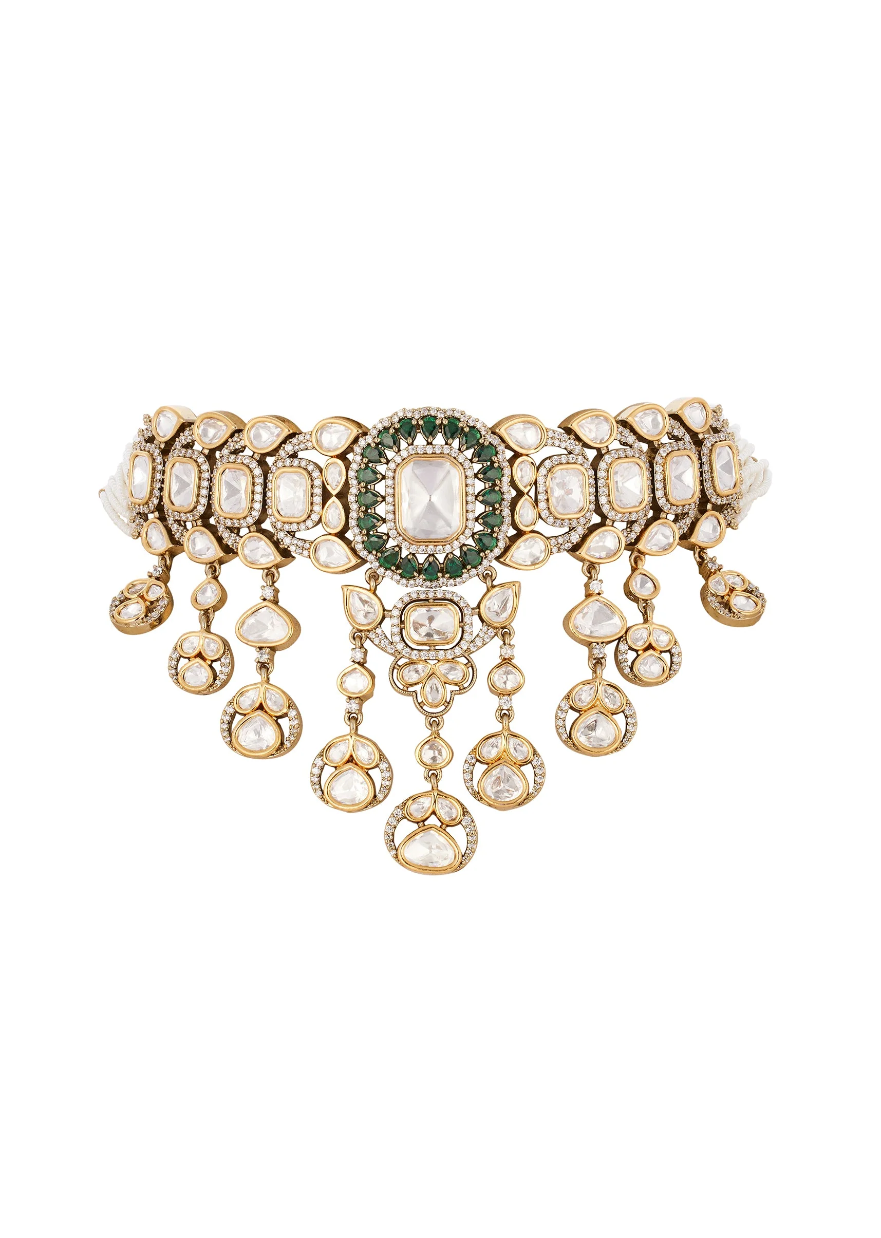 Gold Finish Jewellery Set In Polki With Semi Precious Stones And Drops - Image 3