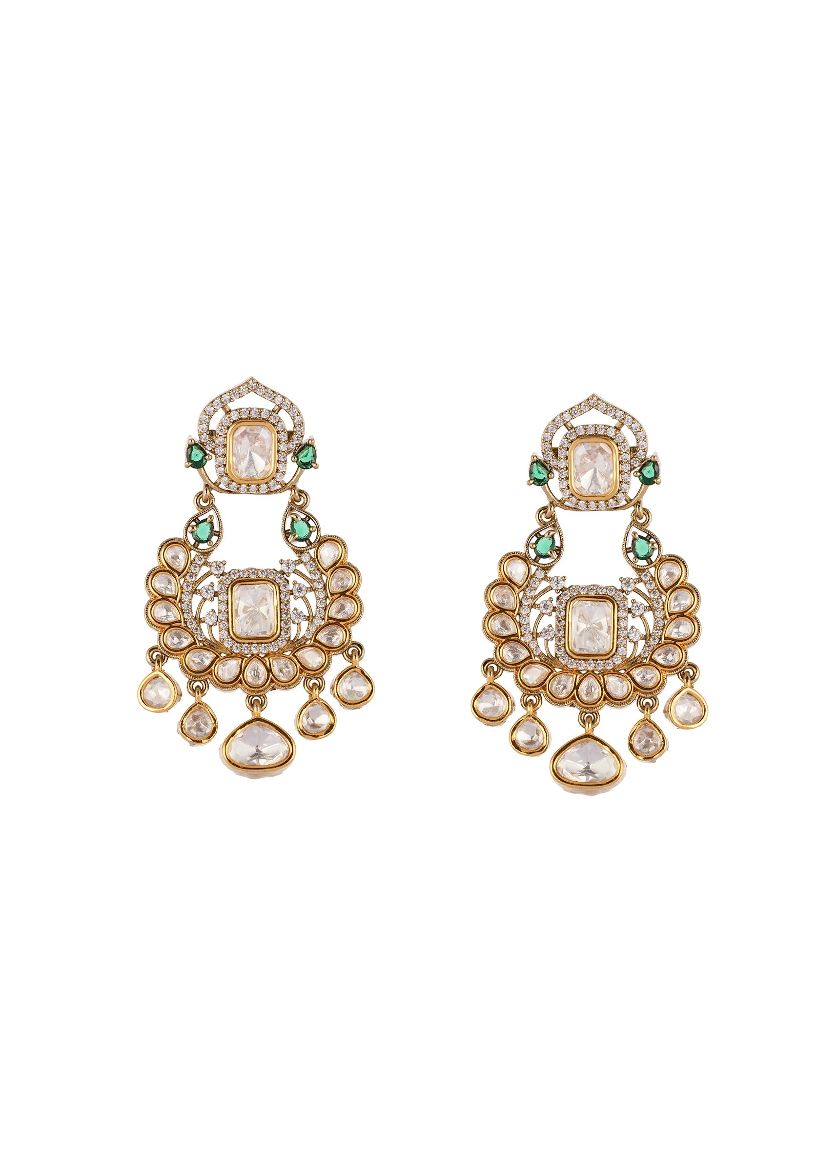 Gold Finish Jewellery Set In Polki With Semi Precious Stones And Drops - Image 4
