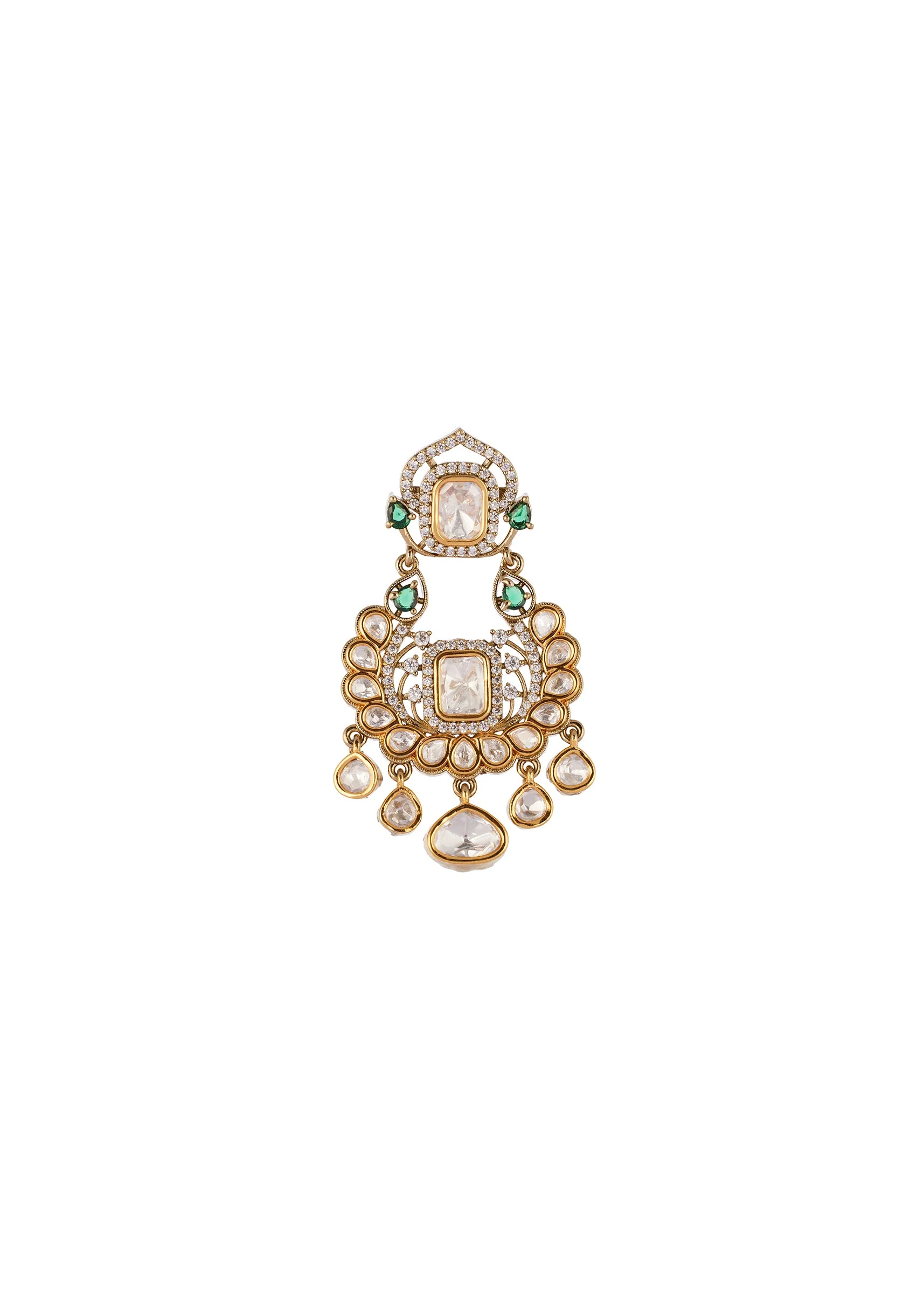 Gold Finish Jewellery Set In Polki With Semi Precious Stones And Drops - Image 5