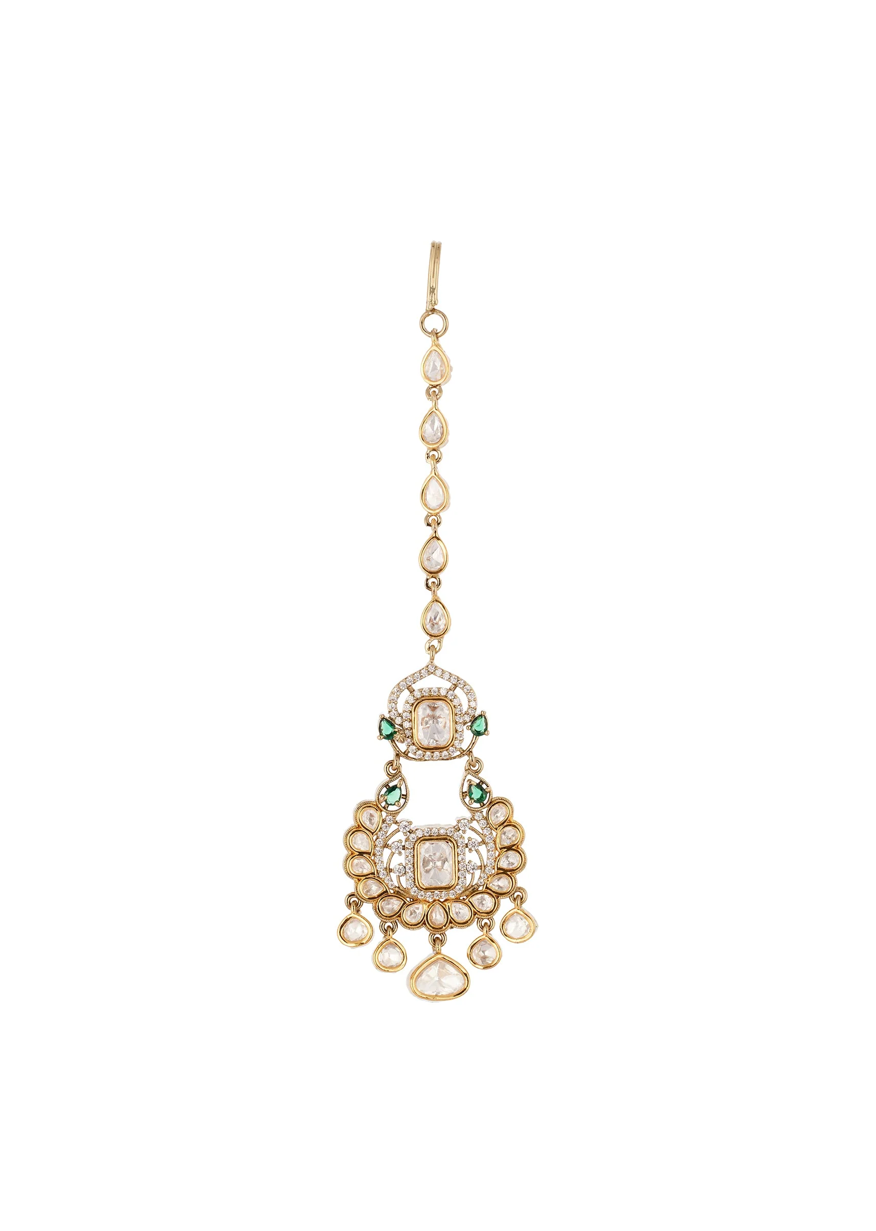 Gold Finish Jewellery Set In Polki With Semi Precious Stones And Drops - Image 6