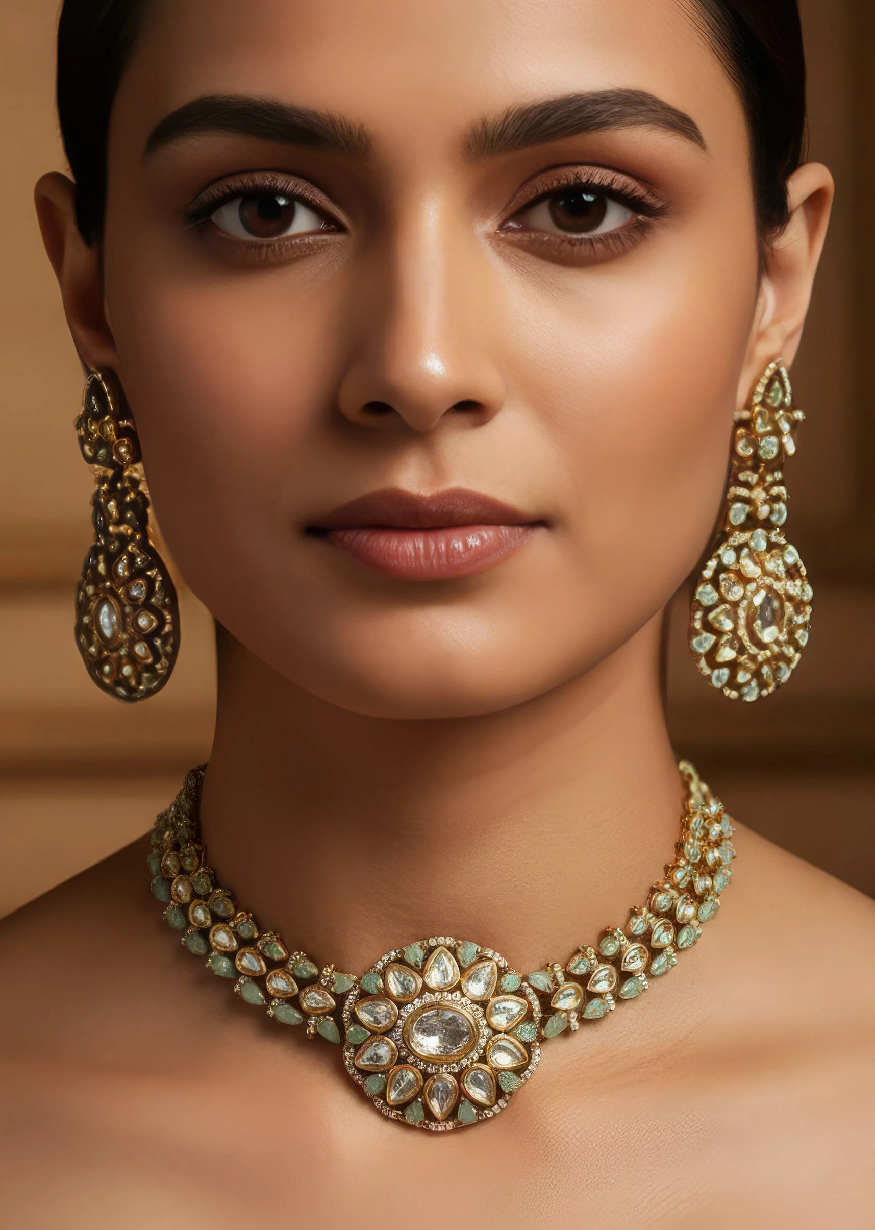 Gold Finish Jewellery Set in Semi Precious Stones