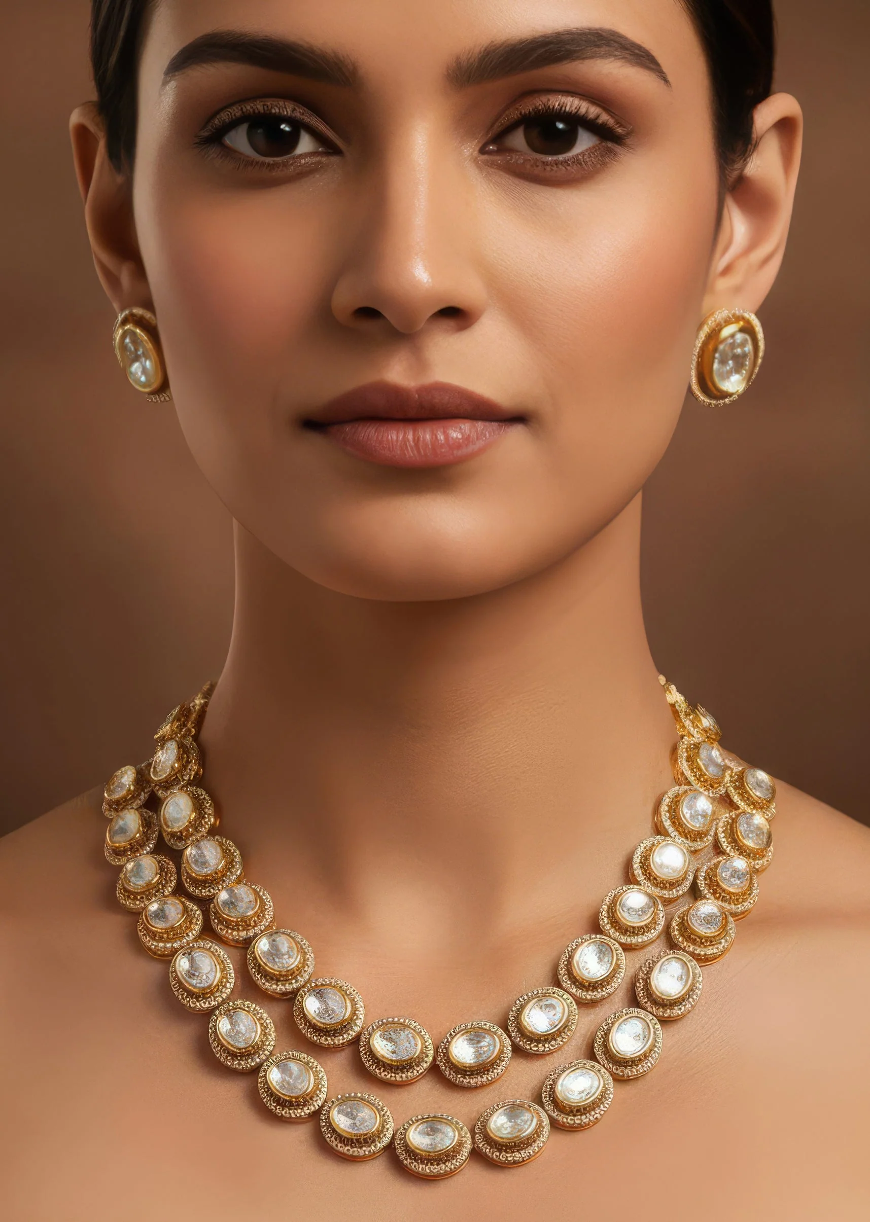 Gold Finish Jewellery Set With Semi Precious Stones In Polki