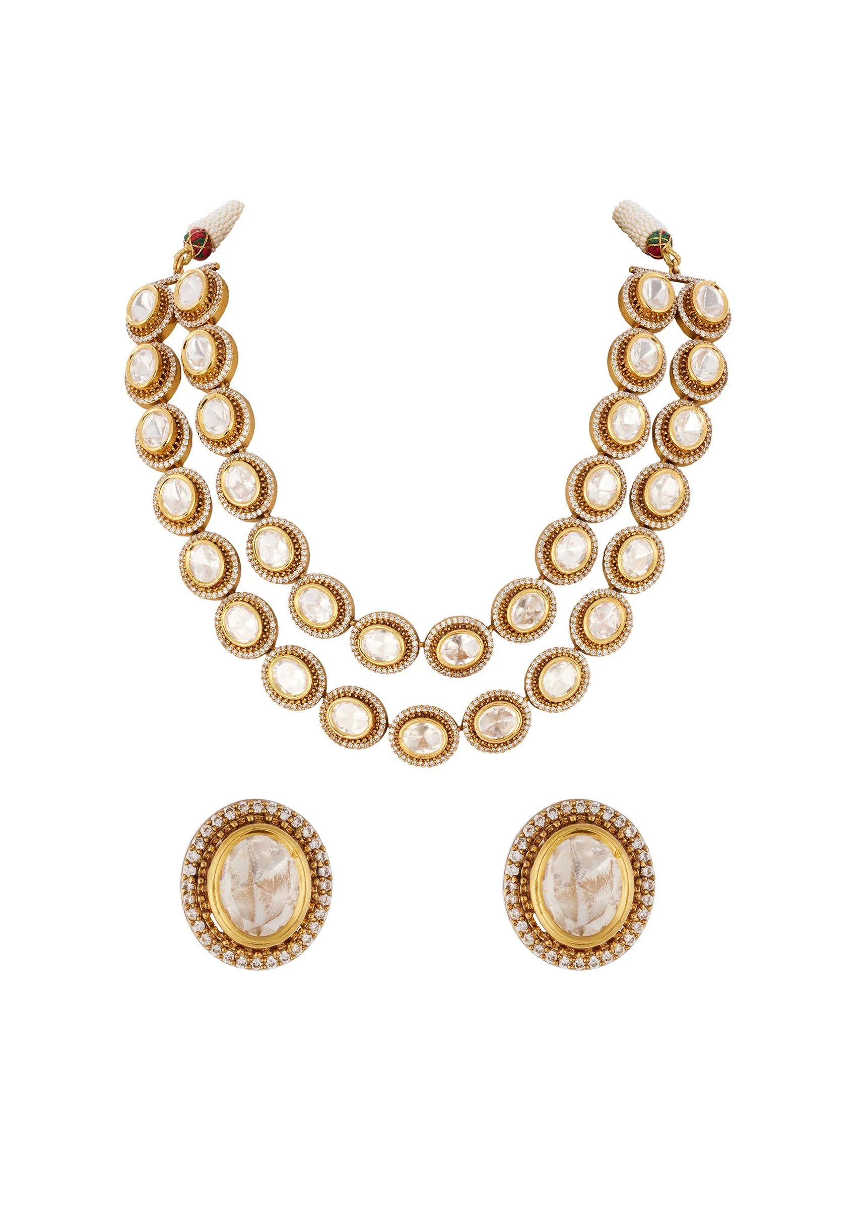Gold Finish Jewellery Set With Semi Precious Stones In Polki - Image 2