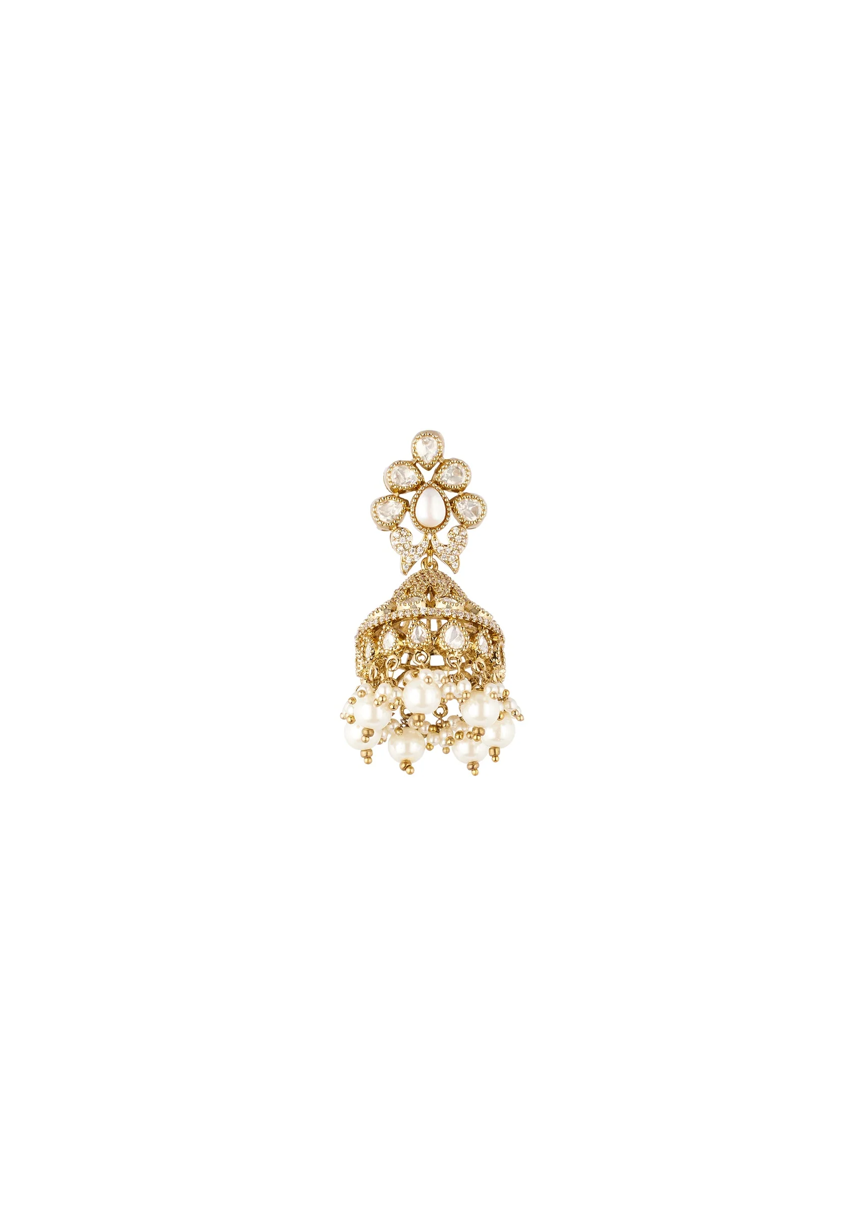 Gold Finish Jhumka Earrings In Polki With White Simulated Pearls - Image 3