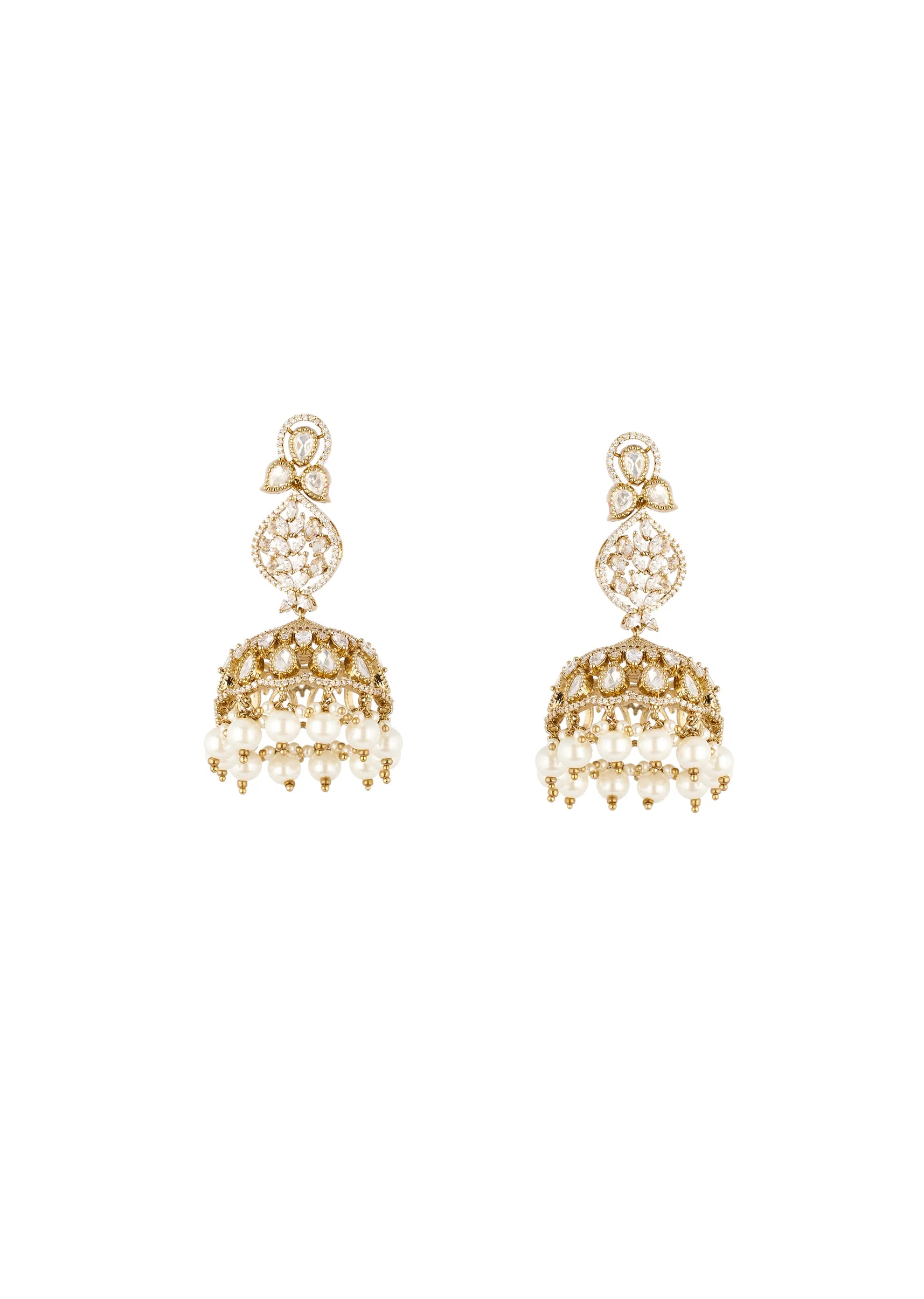 Gold Finish Jhumkas In Polki With Off White Simulated Pearls and Clear Polki Style Stones - Image 2