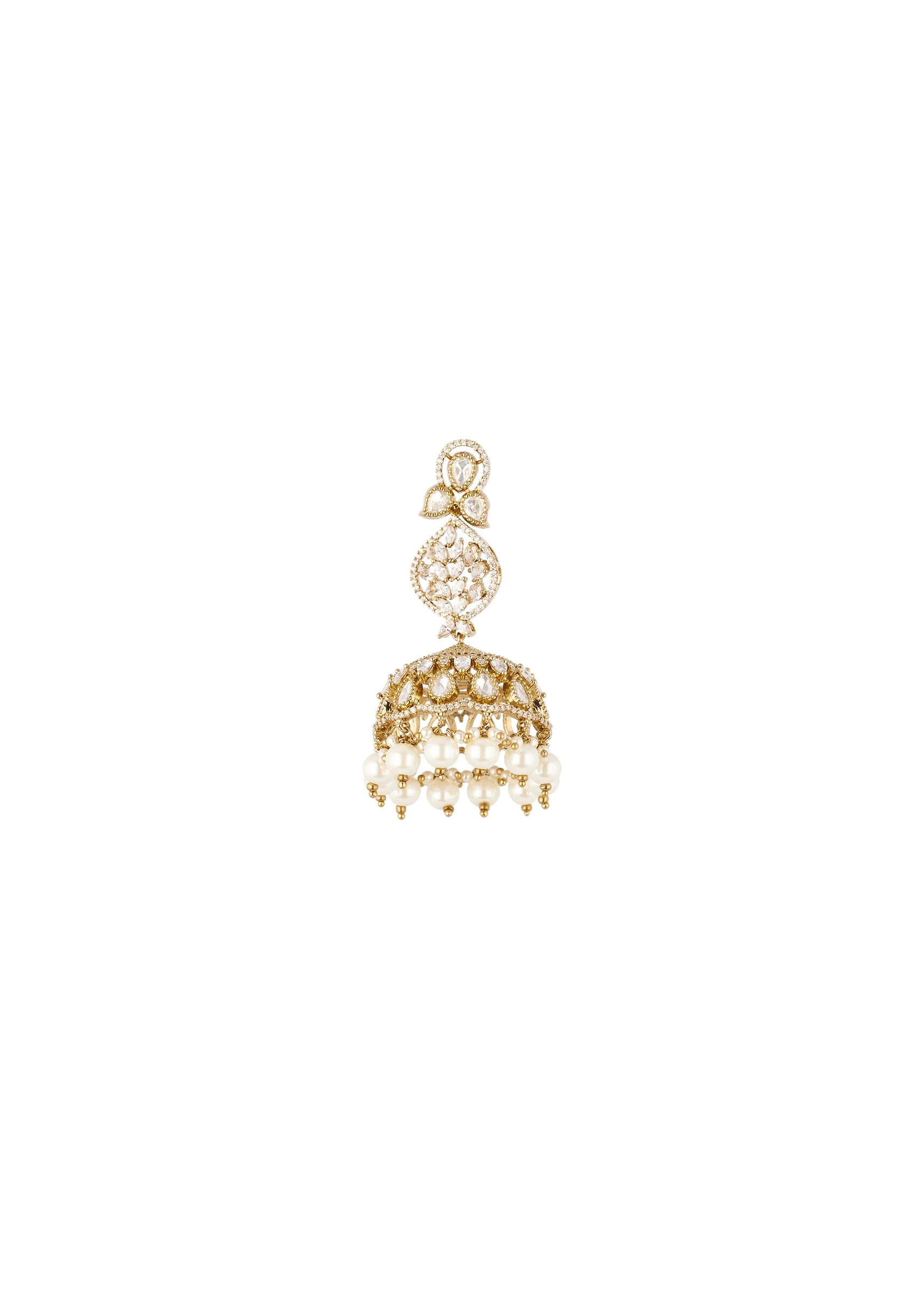 Gold Finish Jhumkas In Polki With Off White Simulated Pearls and Clear Polki Style Stones - Image 3