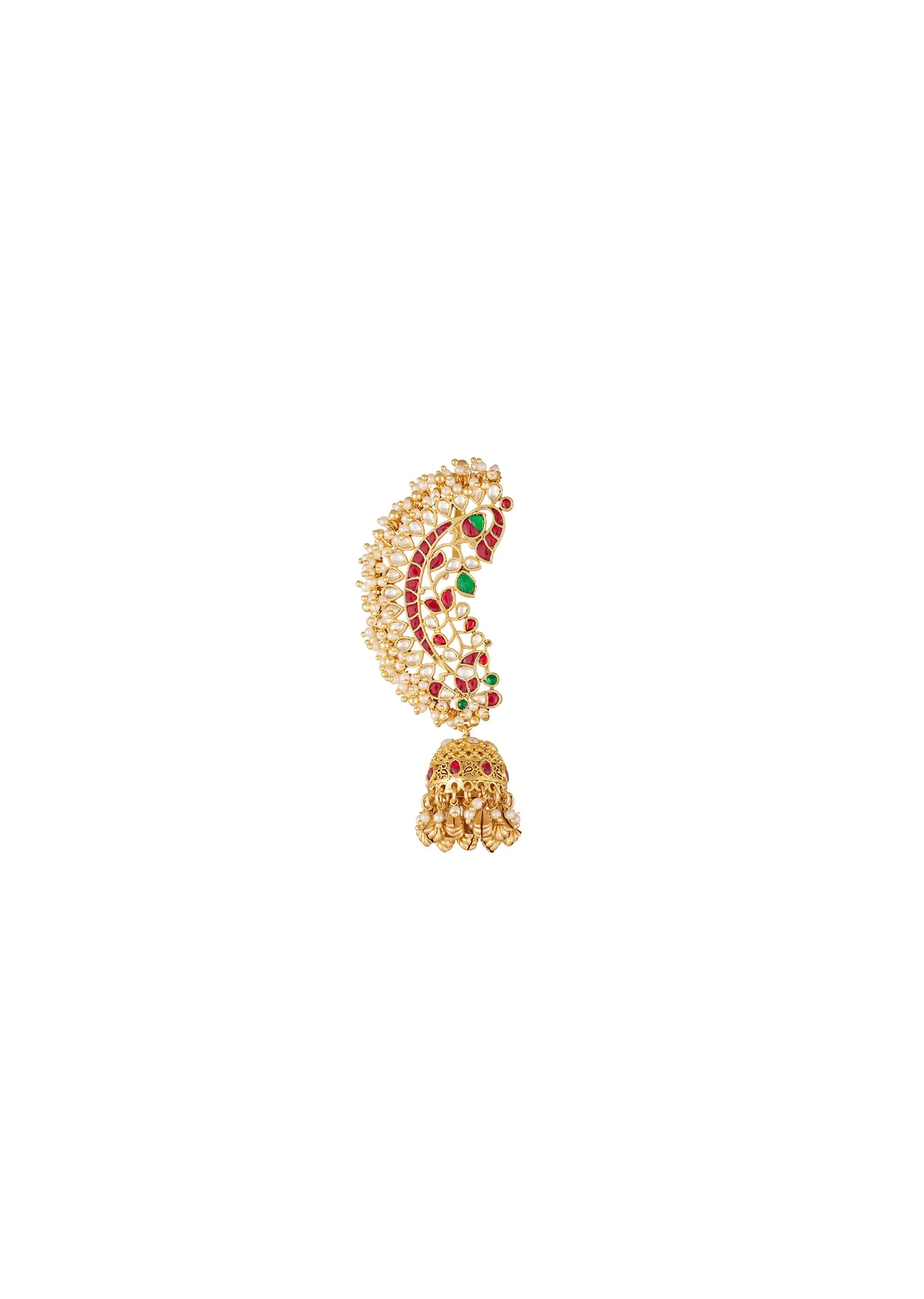 Gold Finish Kaanphool Earrings With Peacock Motif Kundan Detailing And Moti Embellished Jhumka Drop - Image 2