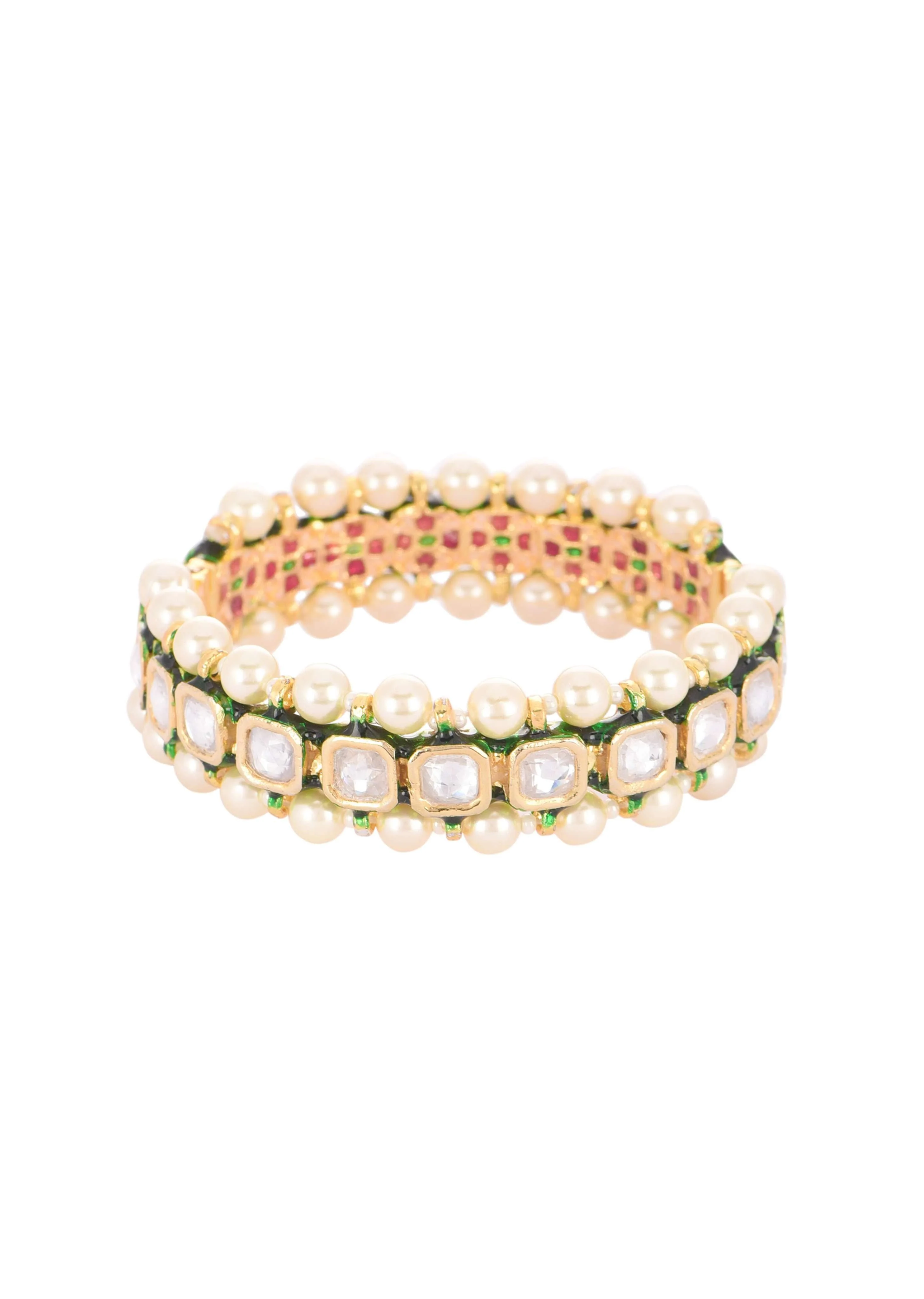 Gold Finish Kundan Bangles With Green Meenakari - Image 2