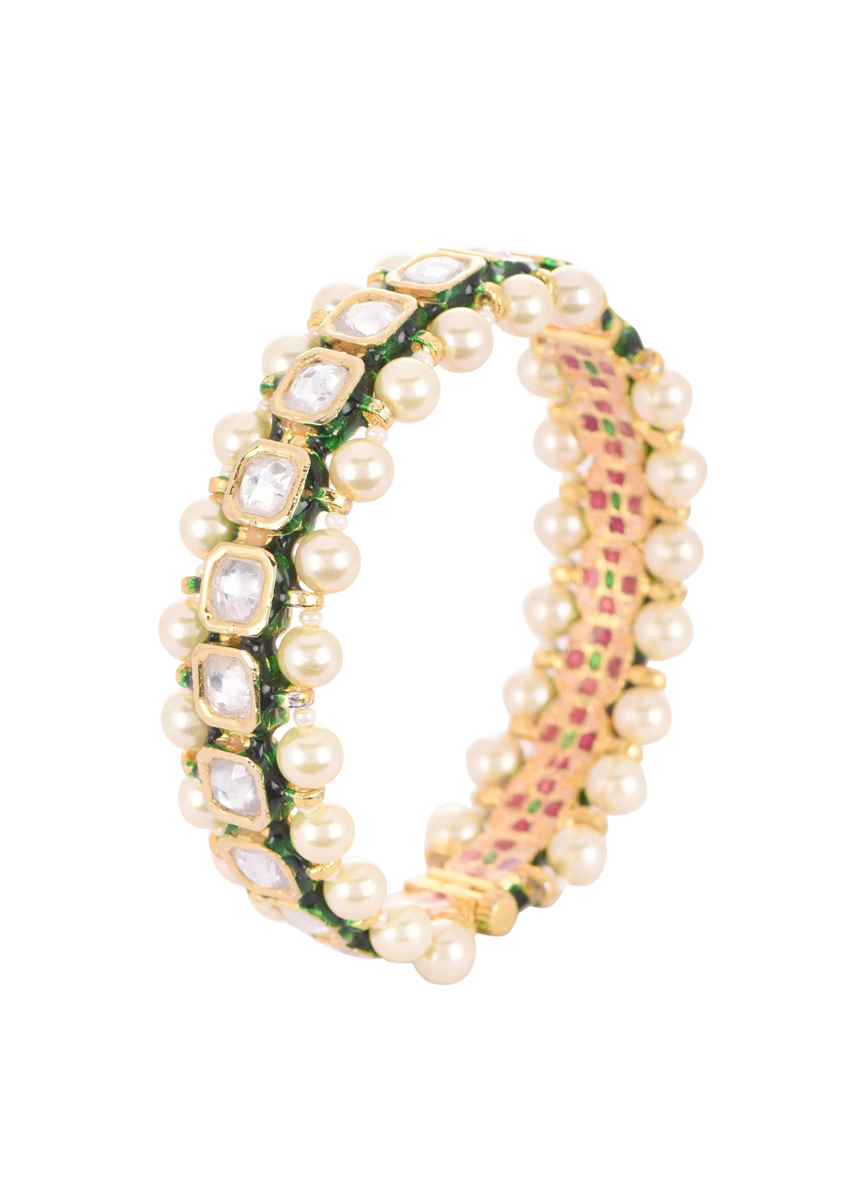 Gold Finish Kundan Bangles With Green Meenakari - Image 3