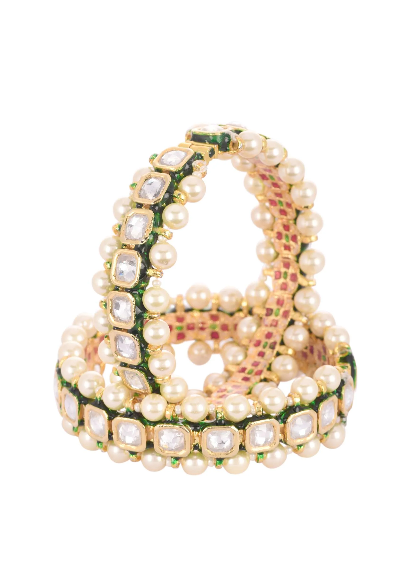 Gold Finish Kundan Bangles With Green Meenakari - Image 4