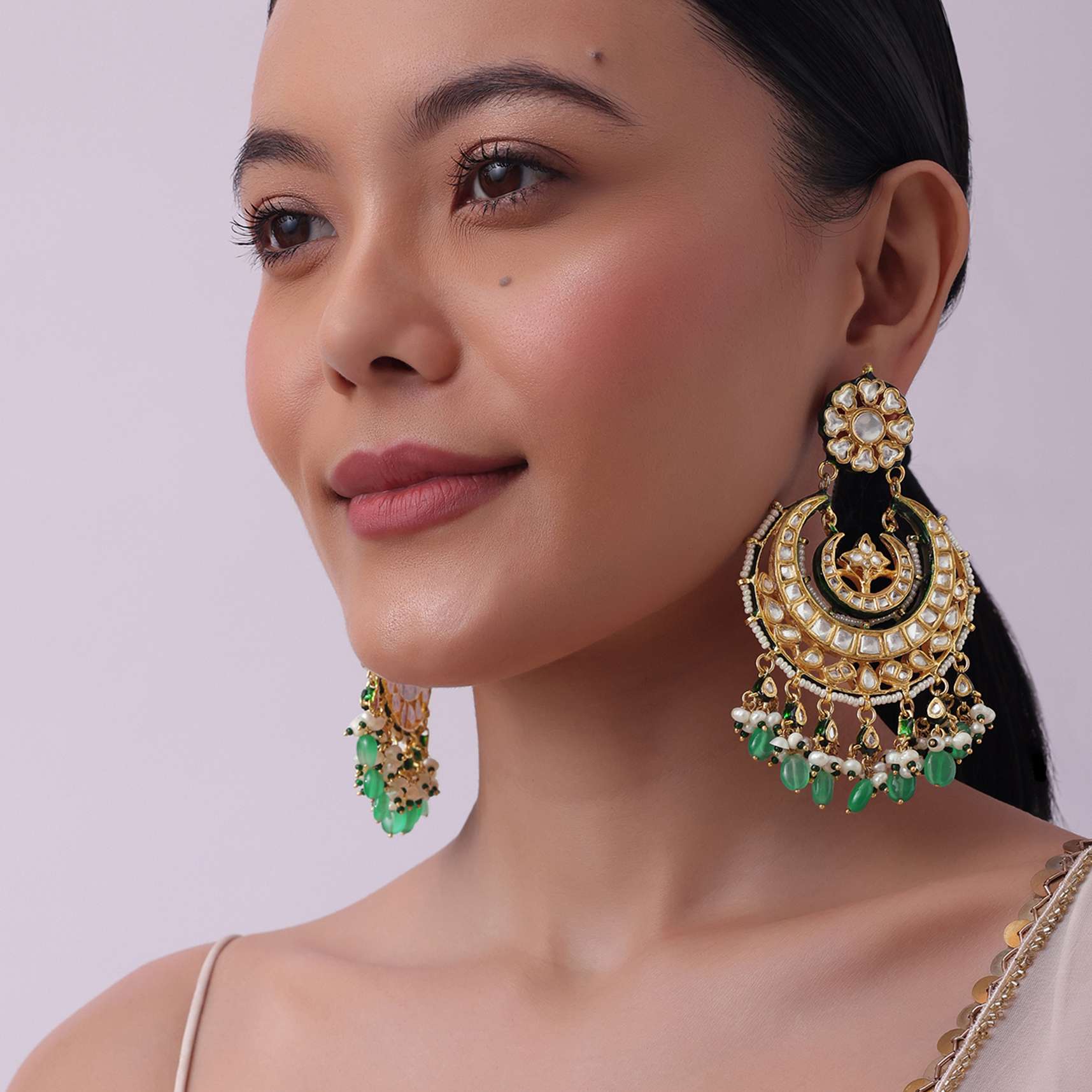 Gold Finish Kundan Chandbalis With Green Drops - Image 10